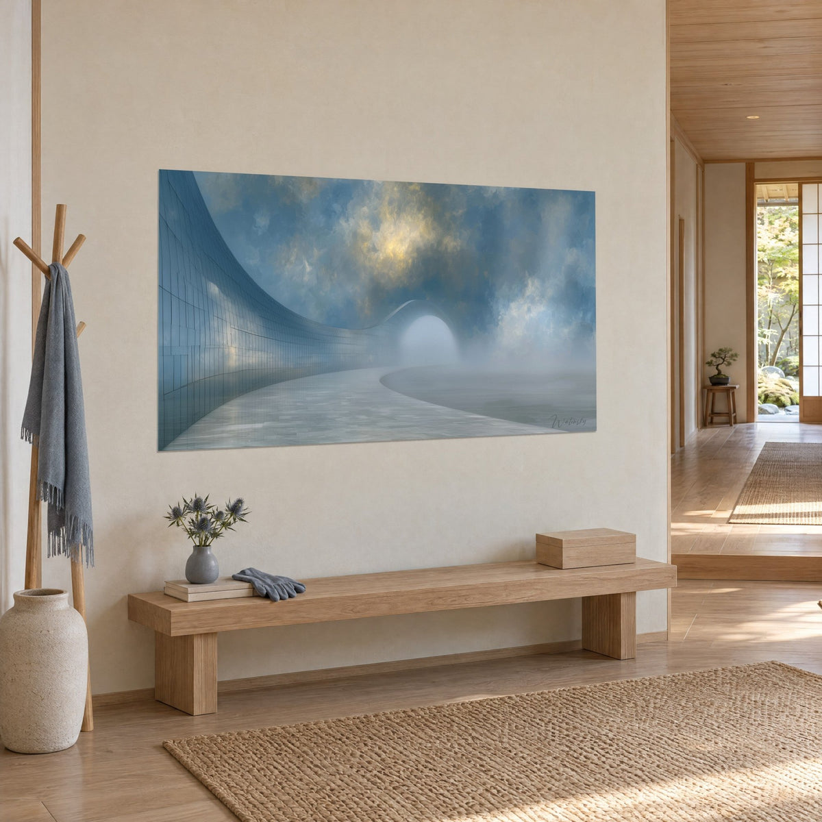 Tableau mur vitré incurvé aux reflets bleu acier, sol gris perle et arche voilée de brume, vue de trois-quarts dans un couloir japandi