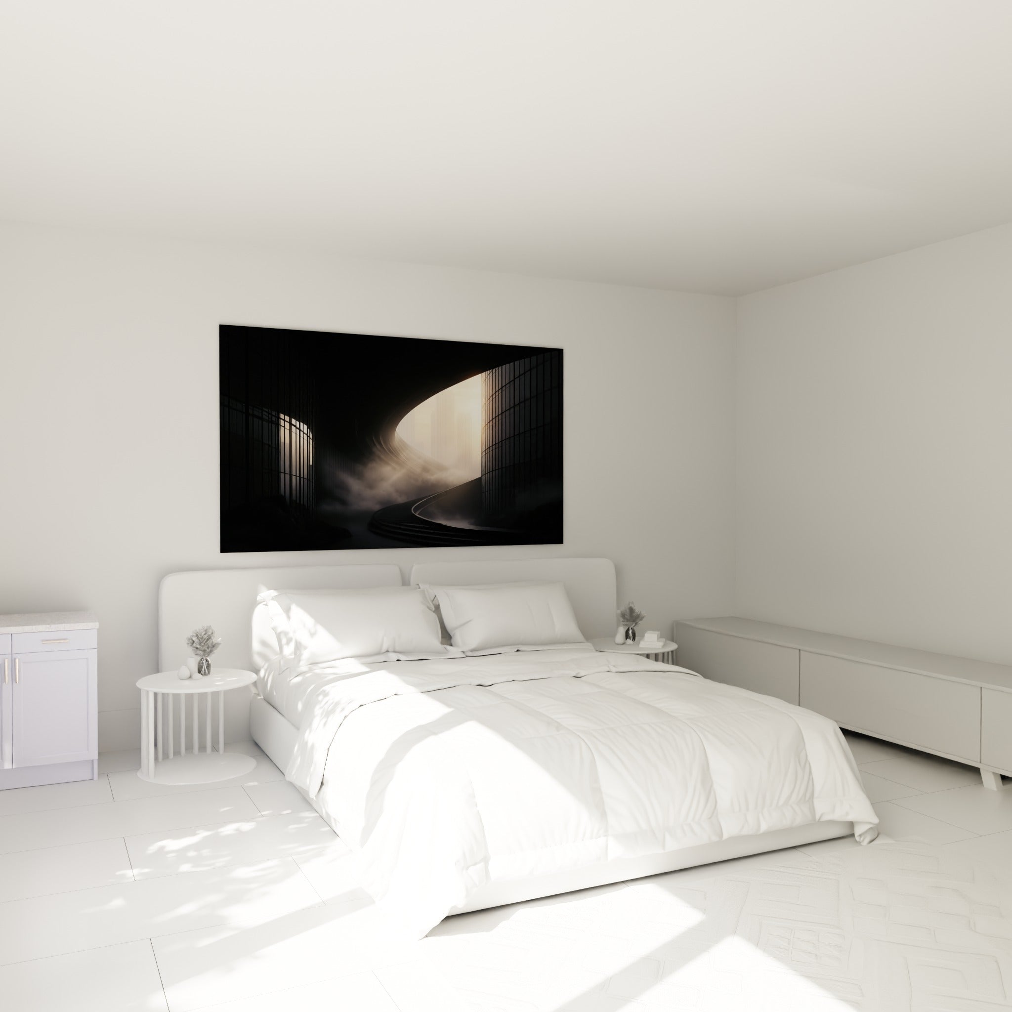 Structure courbée anthracite et lumière dorée façon Architecture abstrait au-dessus d'un lit dans une chambre claire