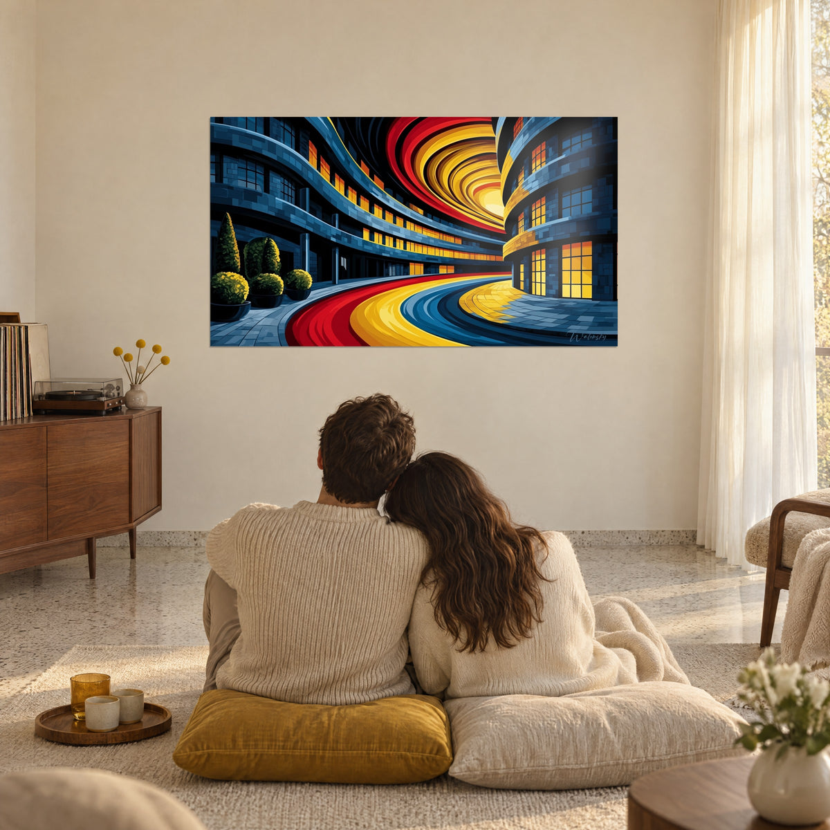 Quadro viale curvo di fasce rosse, gialle e blu, facciate in vetro illuminate, di fronte a una coppia seduta su cuscini