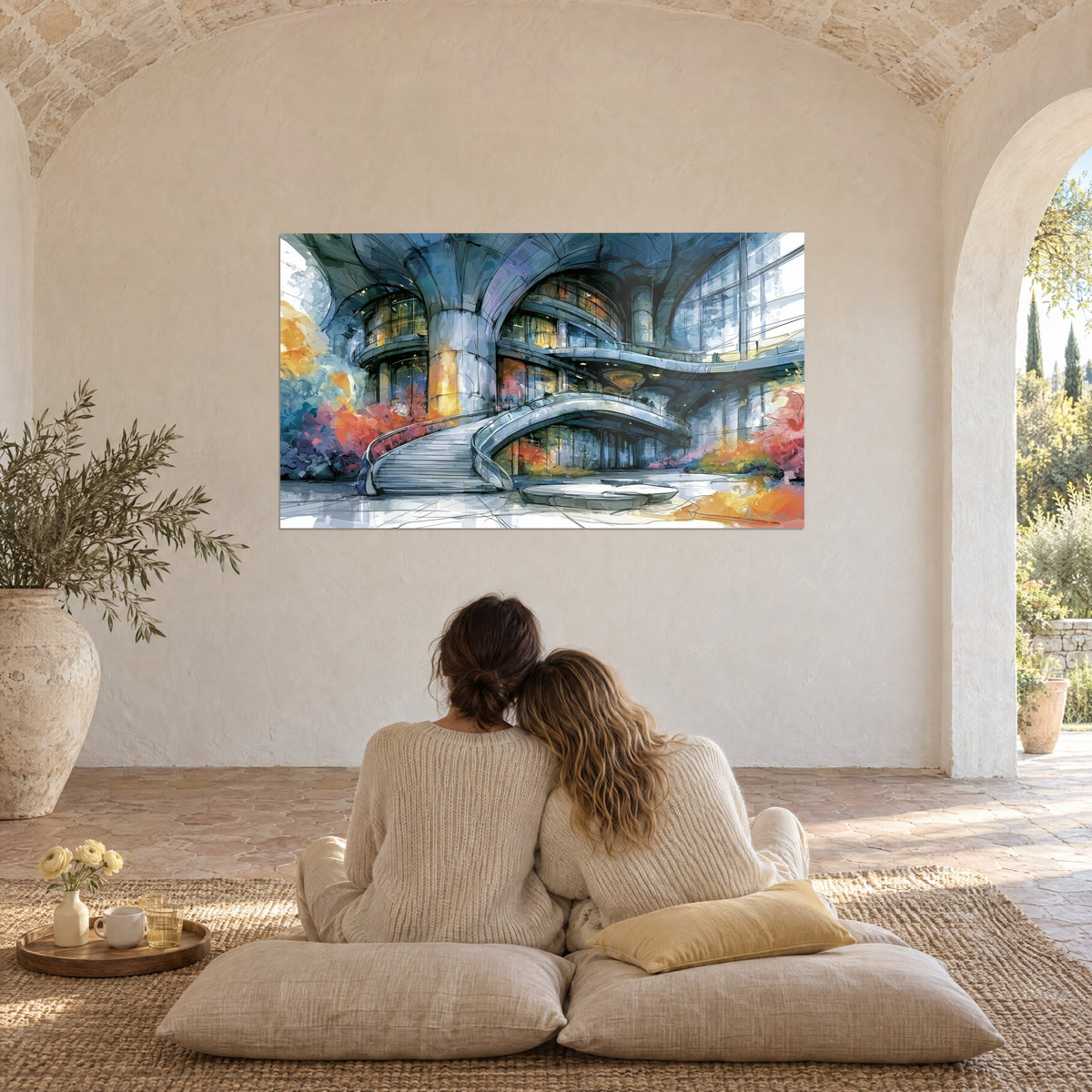 Wall art Steel and glass forum, winding pearl-grey staircase and coral pink, facing an embracing couple on cream cushions