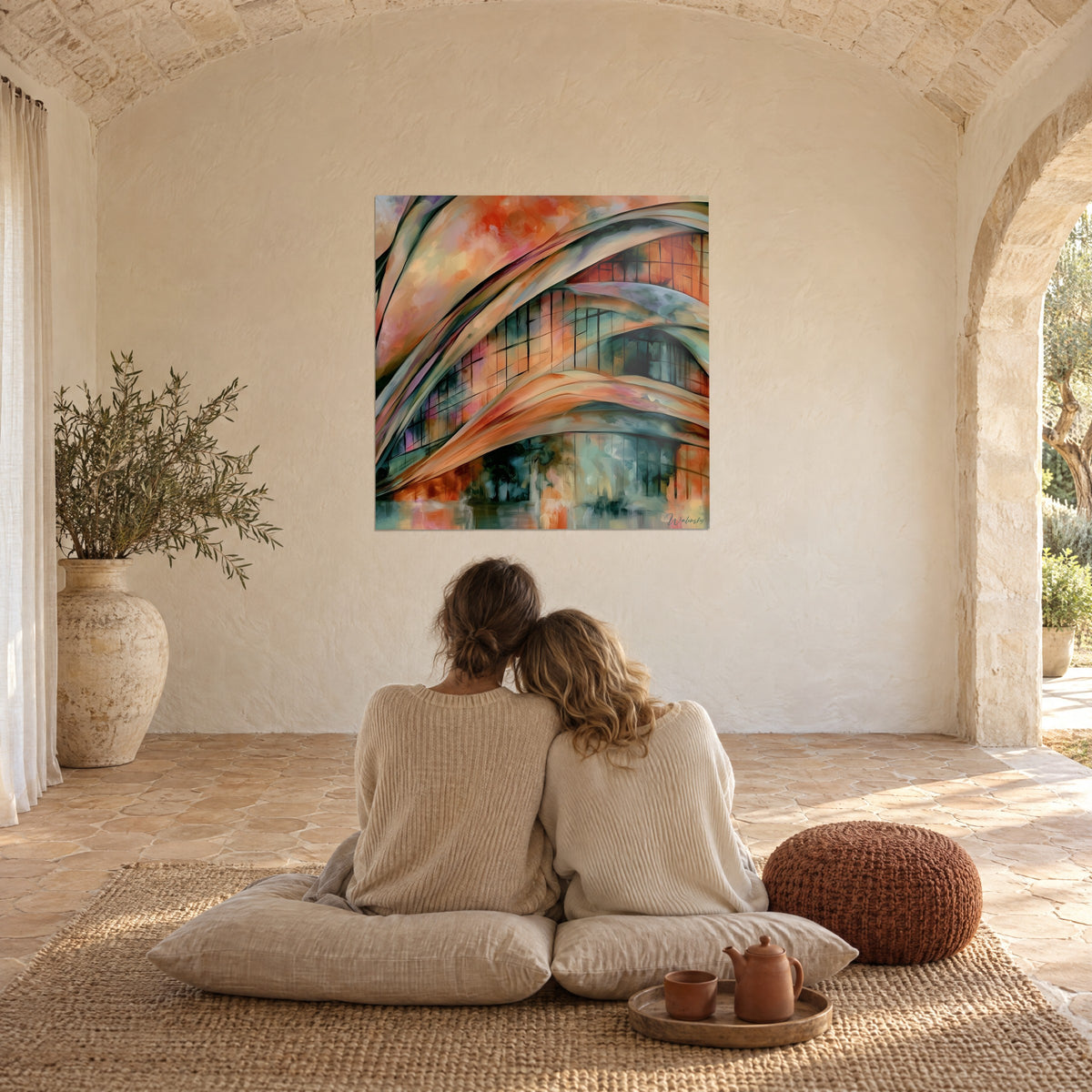 Tableau halle courbe aux coulées rouille et turquoise, reflets nacrés dans les baies, un couple enlacé de dos sur des coussins