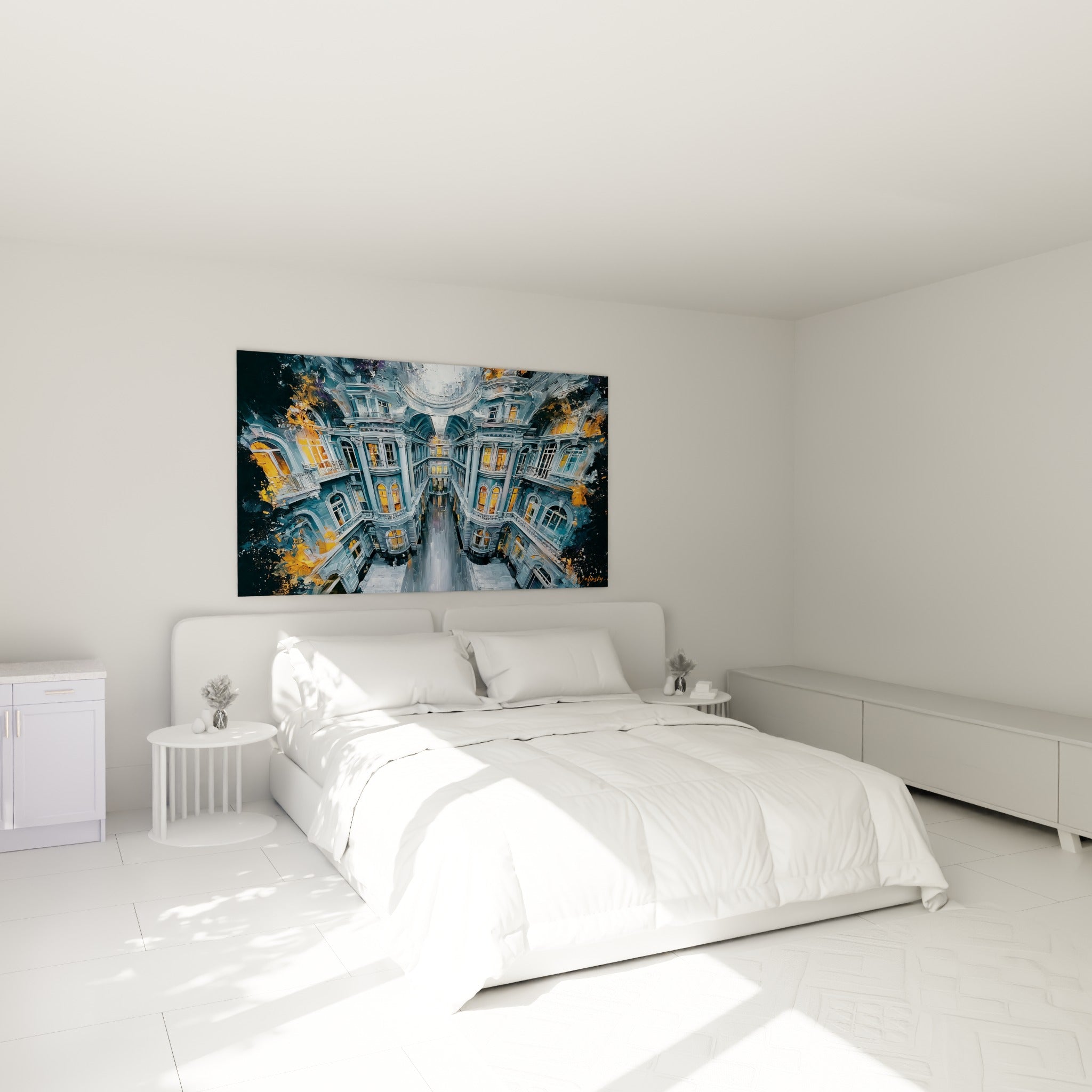 Cour de palais bleu gris et ambré au-dessus d'un lit dans une chambre claire
