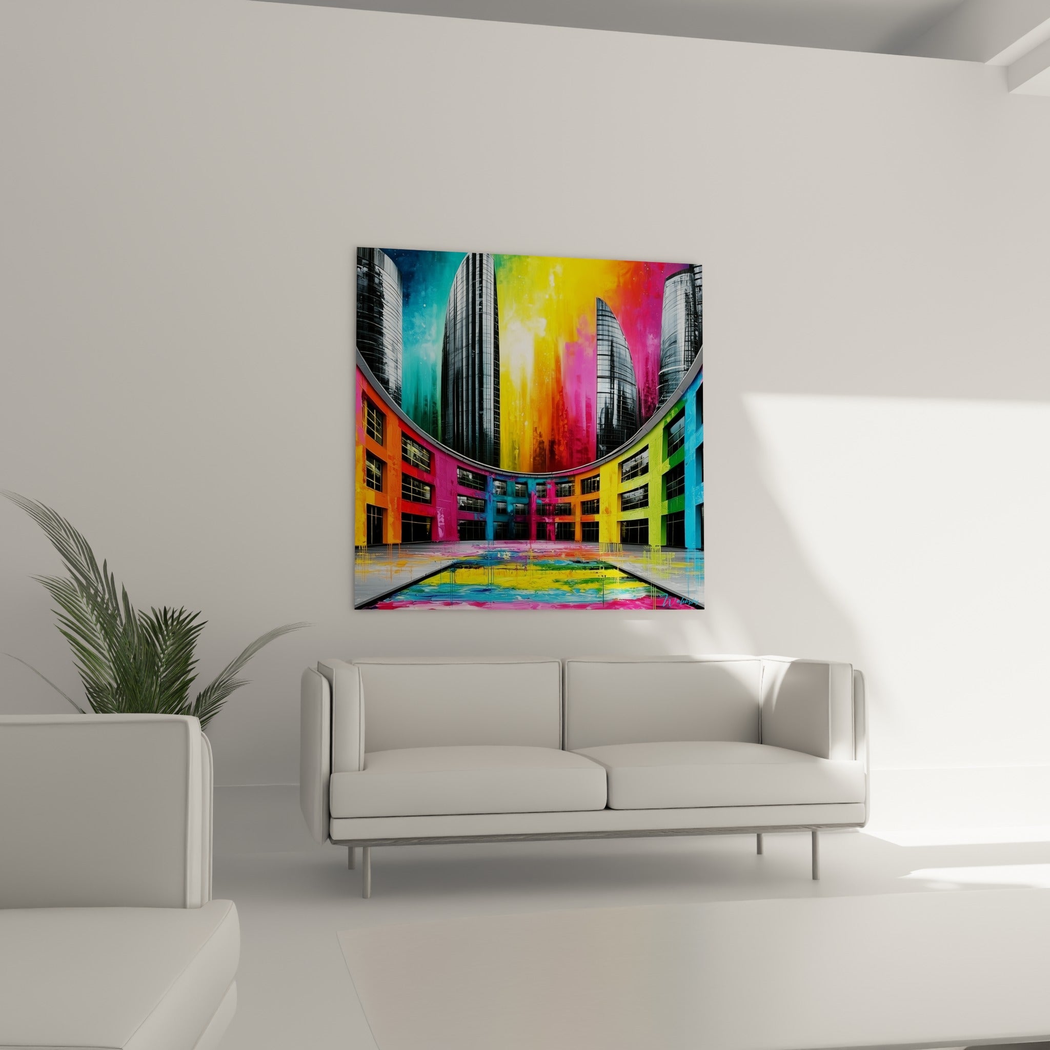 Cour urbaine colorée vert sauge et orangé du tableau architecture abstrait au-dessus d'un canapé dans un salon lumineux