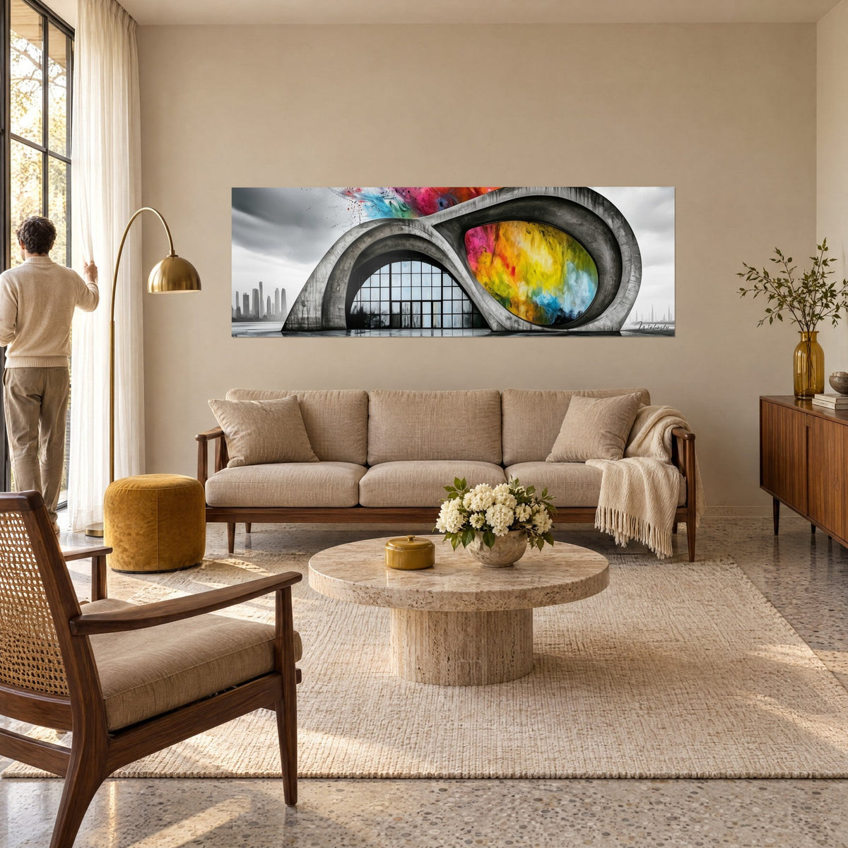 Tableau bâtiment courbe en béton gris, éclats rose, jaune et turquoise, ville en brume, au-dessus d'un canapé dans un salon lumineux
