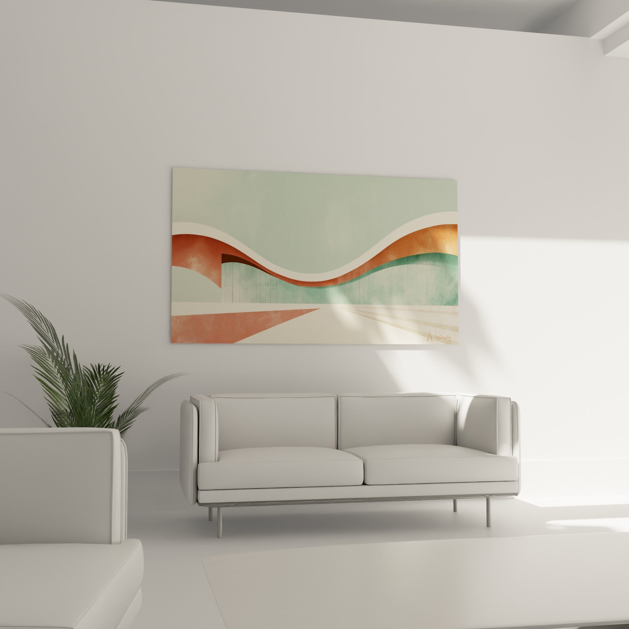 Composition sinueuse vert sauge et crème d'un tableau architecture abstrait au-dessus d'un canapé dans un salon lumineux