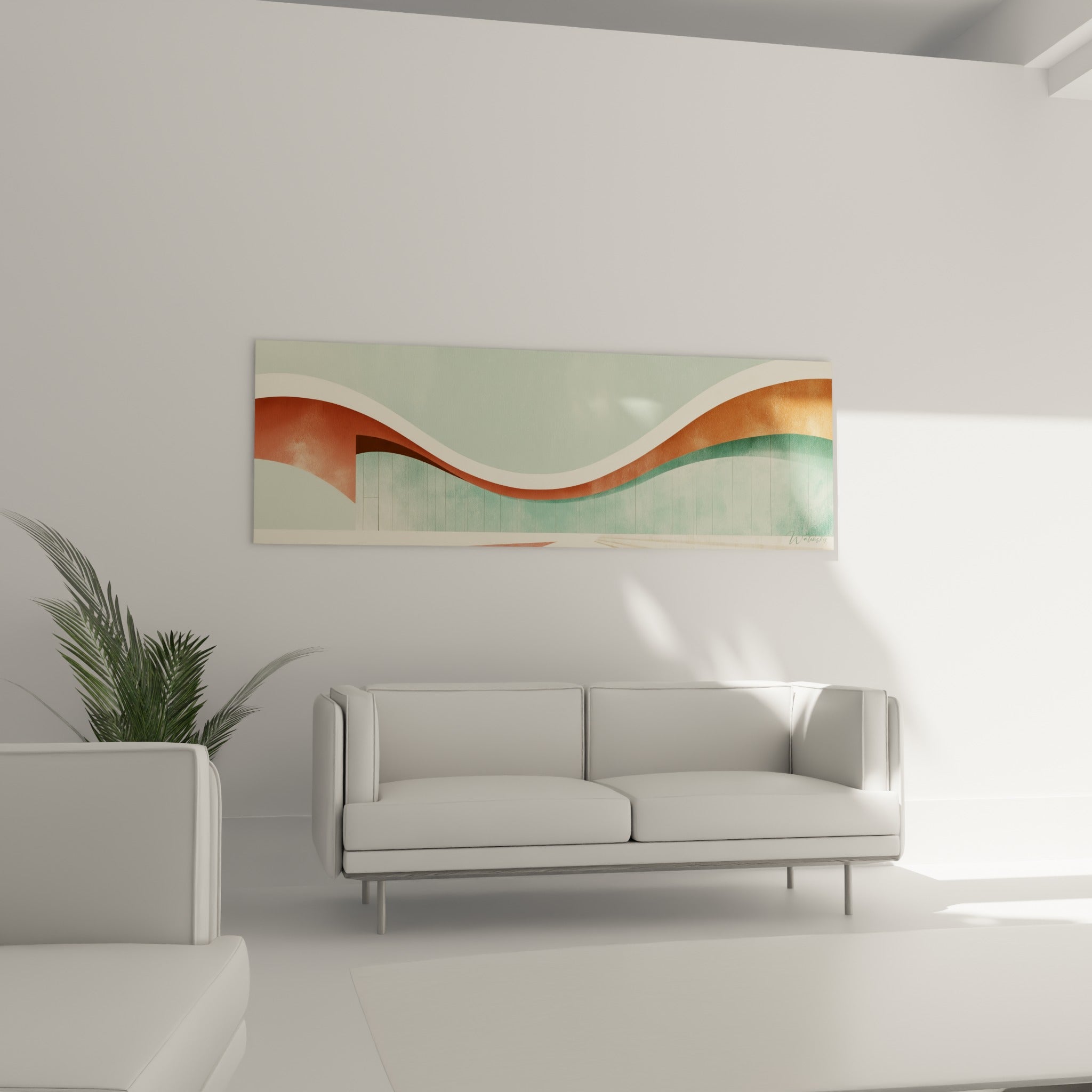 Vague colorée terracotta et sauge de ce tableau architecture, au-dessus d'un canapé dans un salon lumineux