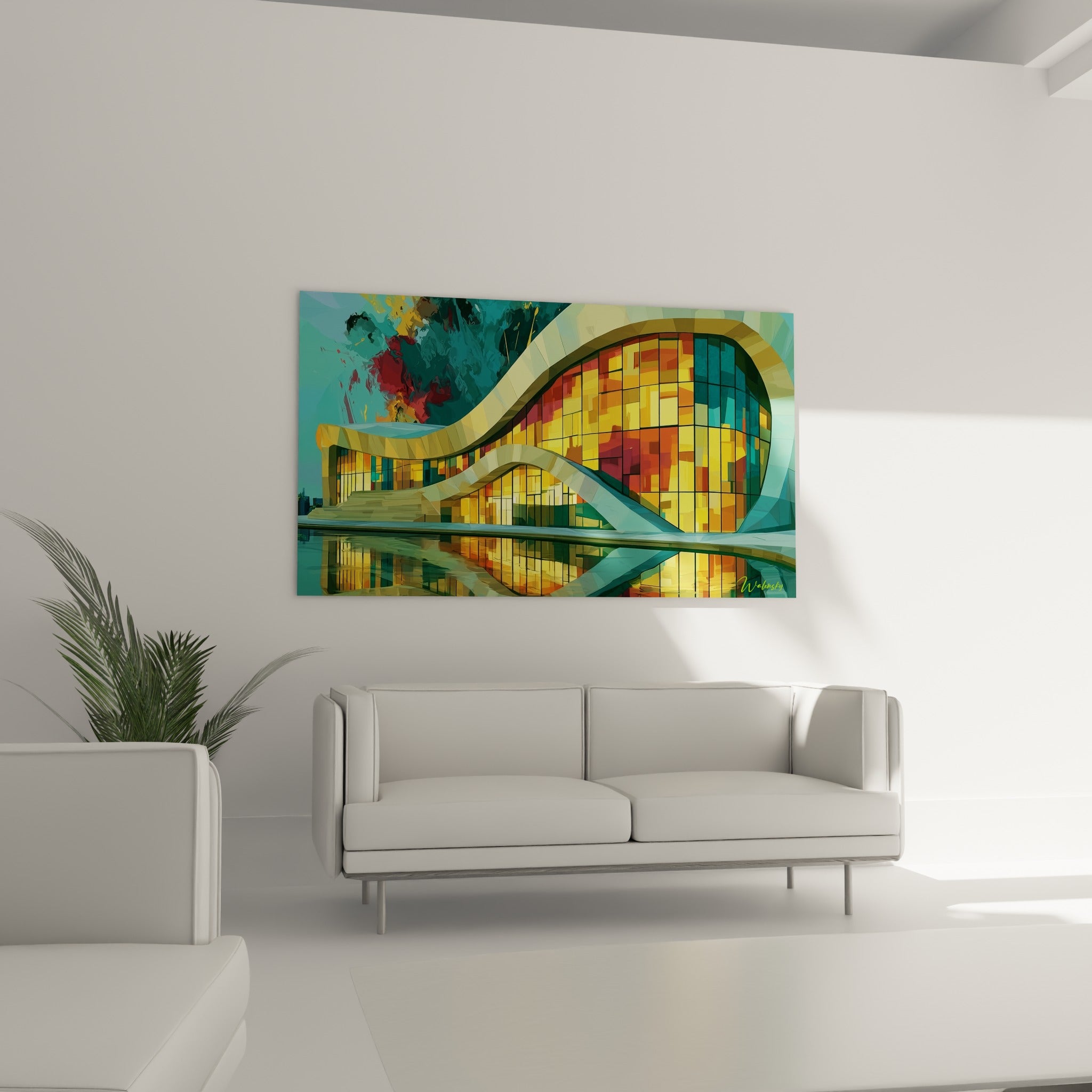 Architecture sinueuse turquoise et dorée aux reflets colorés, au-dessus d'un canapé dans un salon lumineux