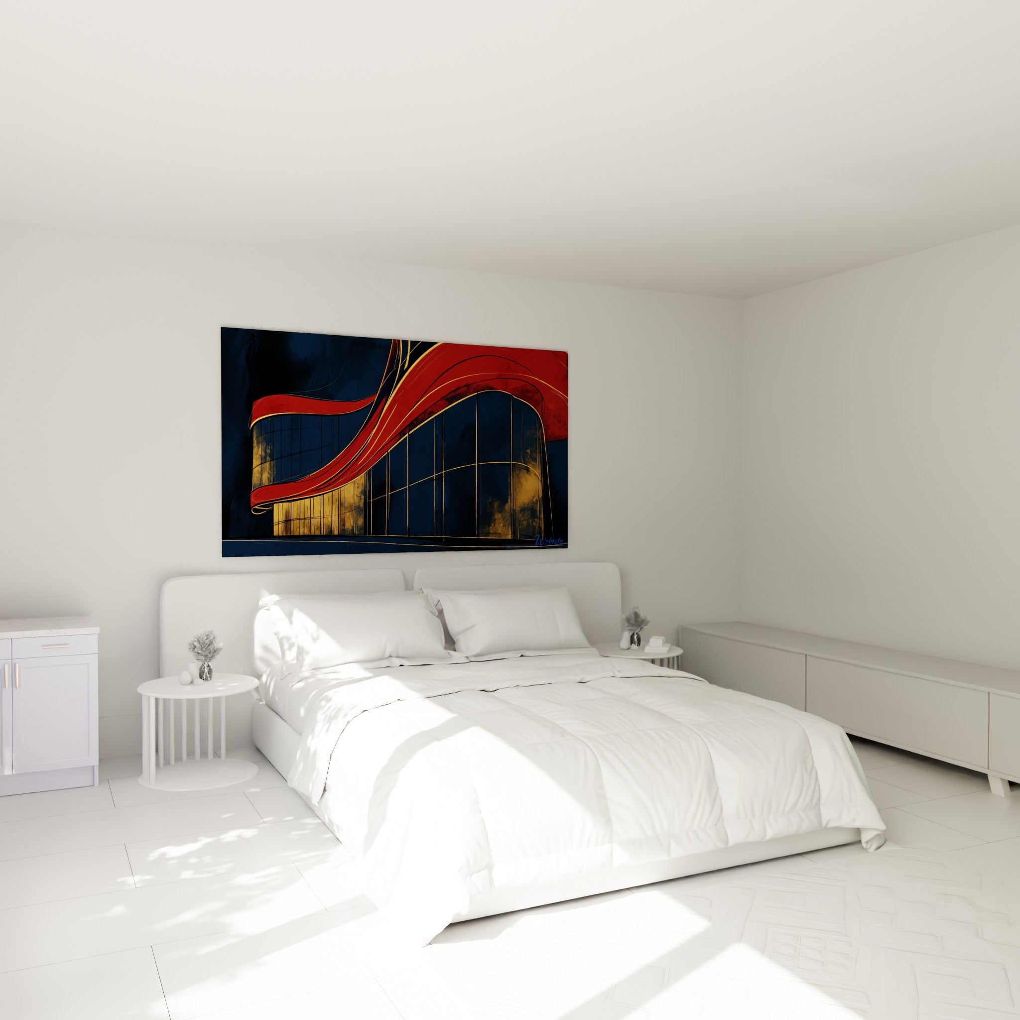 Structure sinueuse rouge et bleu marine, tableau architecture abstrait au-dessus d'un lit dans une chambre claire