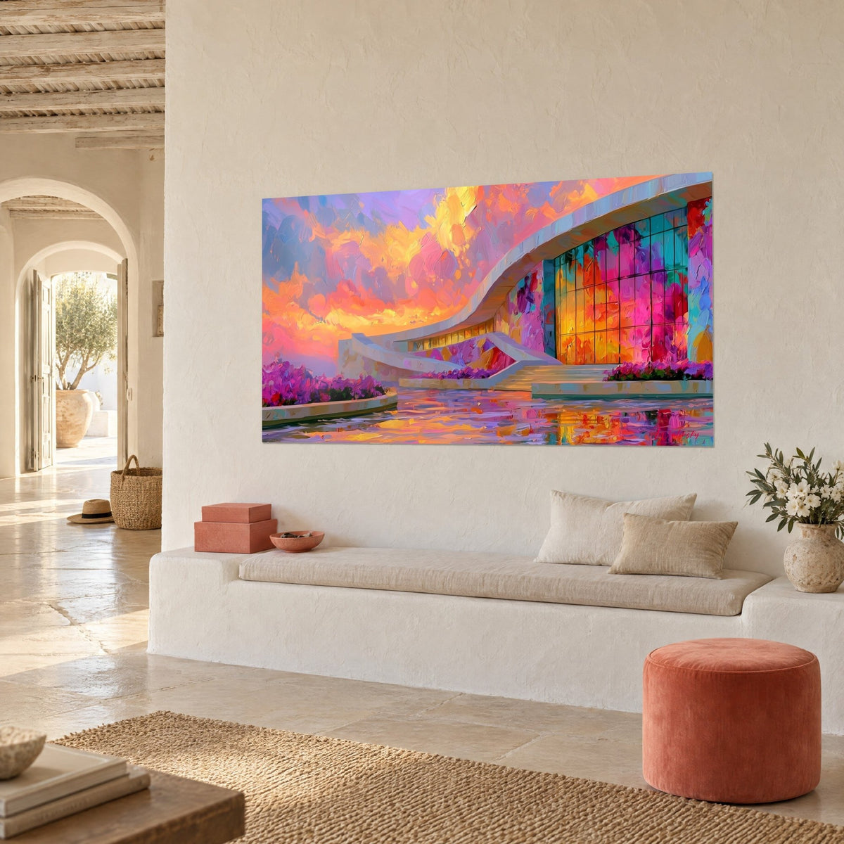 Tableau musée futuriste en vague de béton clair, reflets rose et turquoise sur l'eau, mur blanc d'une maison provençale