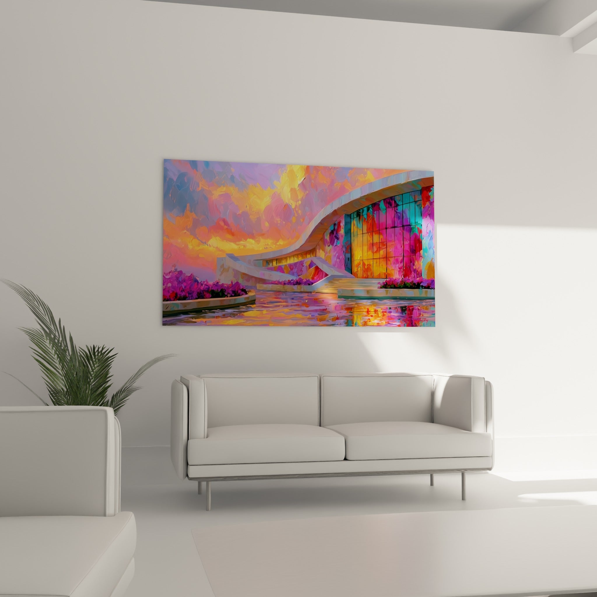 Façade colorée violette et fuchsia du tableau architecture abstrait au-dessus d'un canapé dans un salon lumineux