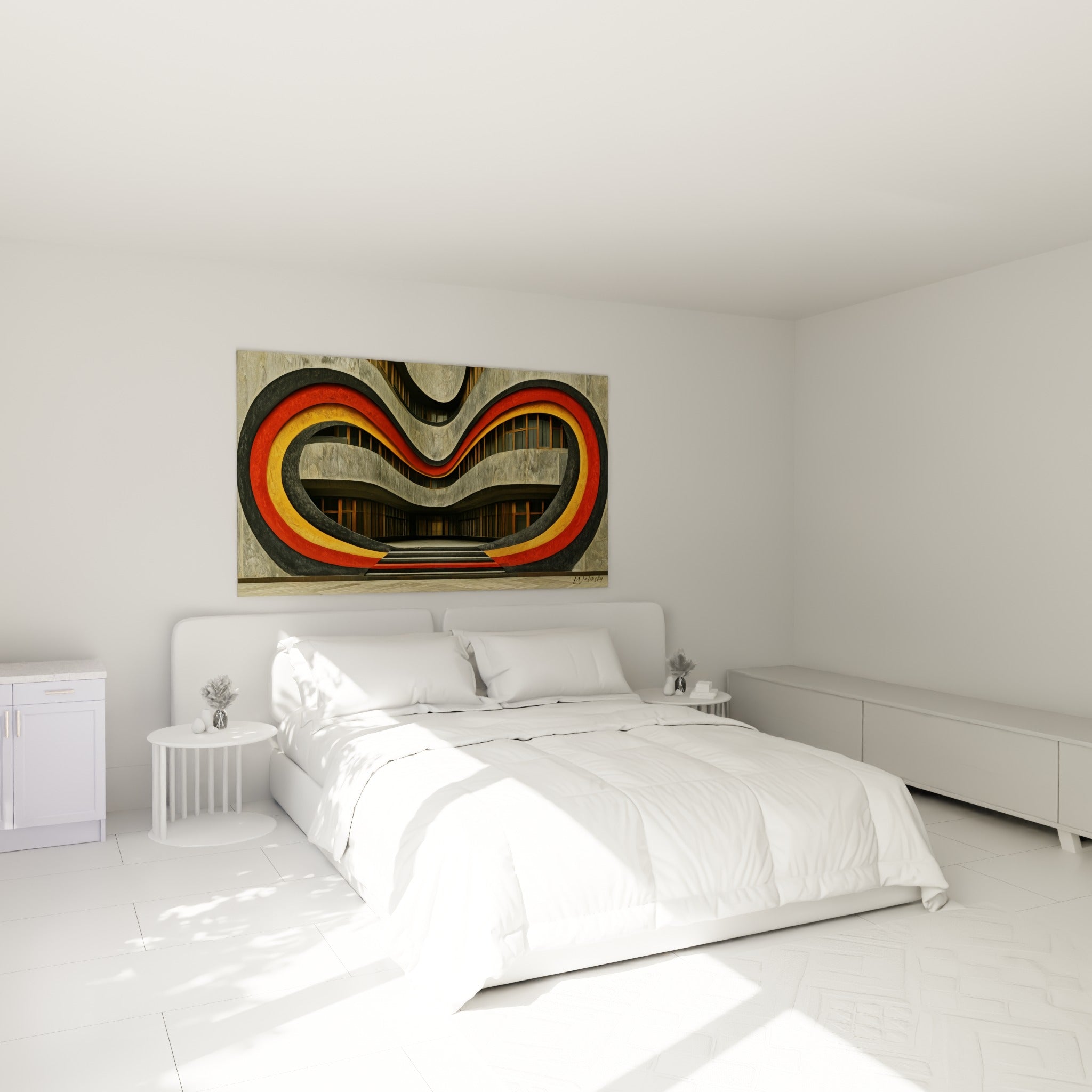 Courbes concentriques rouge, ocre et anthracite au-dessus d'un lit dans une chambre claire