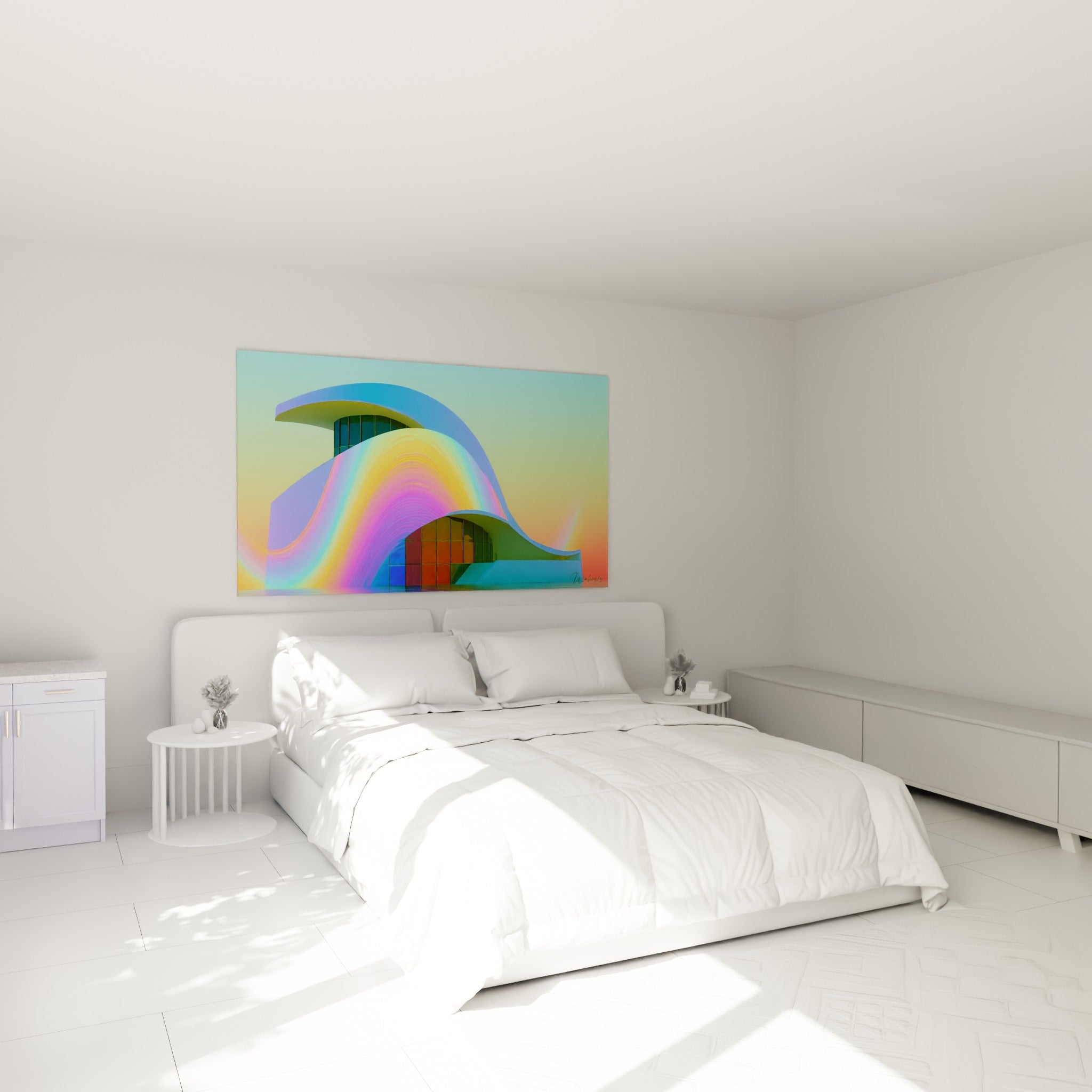 Structure aux vagues turquoise et fauve, tableau architecture abstrait au-dessus d'un lit dans une chambre claire