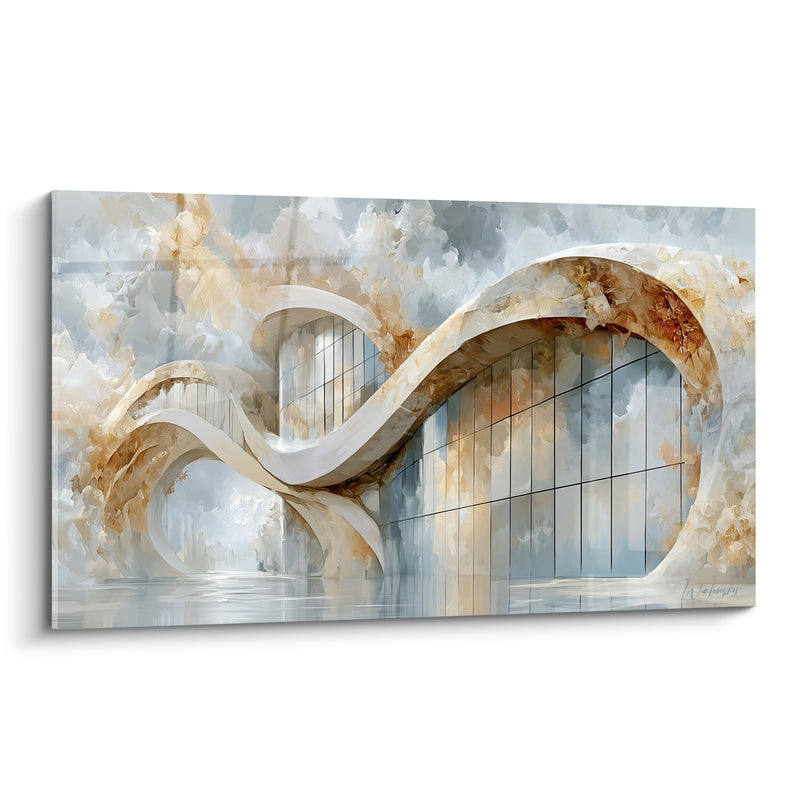 Wavy Building Painting with White and Ochre Curves - Fluid Vertigo - Abstract Architecture Edition