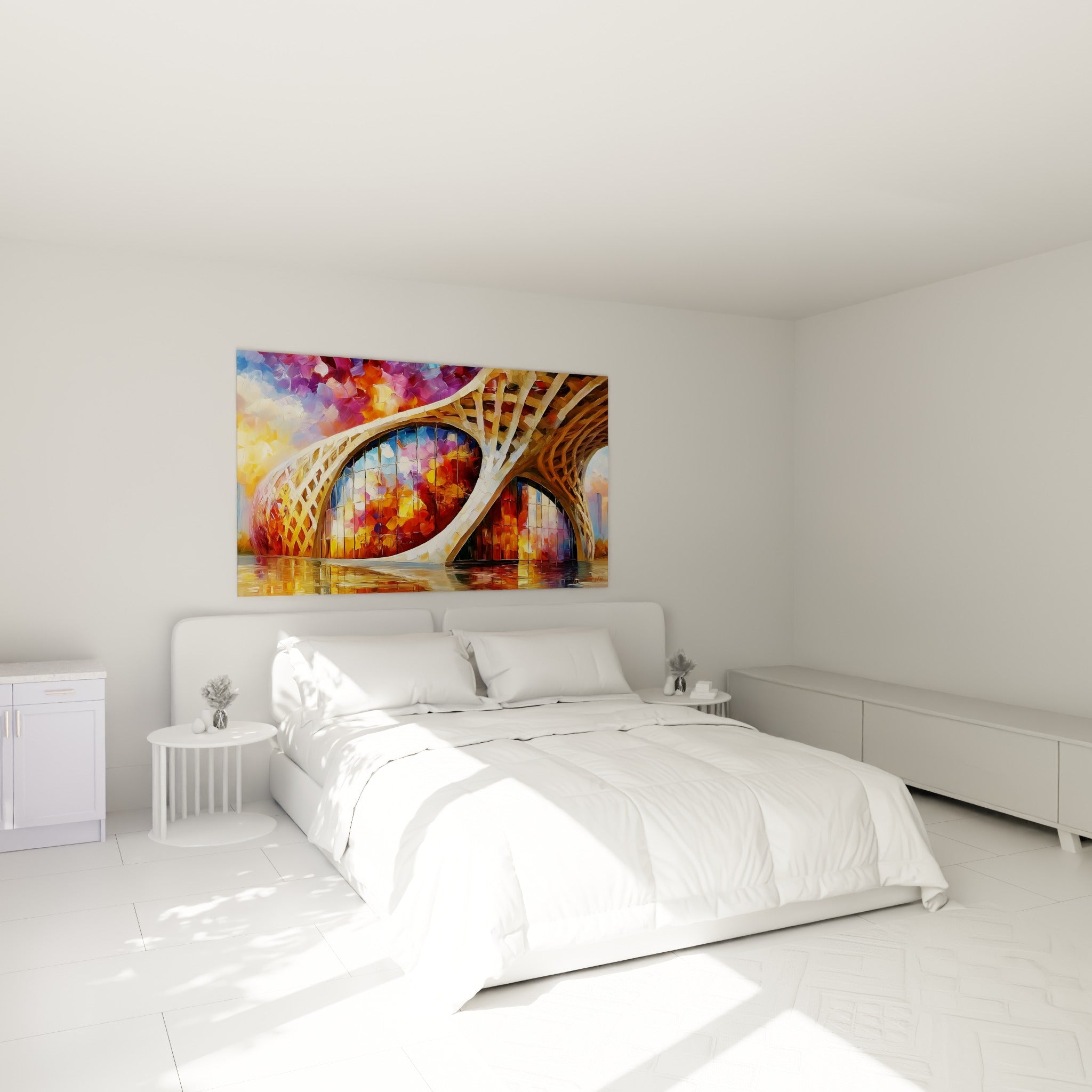 Charpente ajourée aux teintes terracotta et lilas au-dessus d'un lit dans une chambre claire
