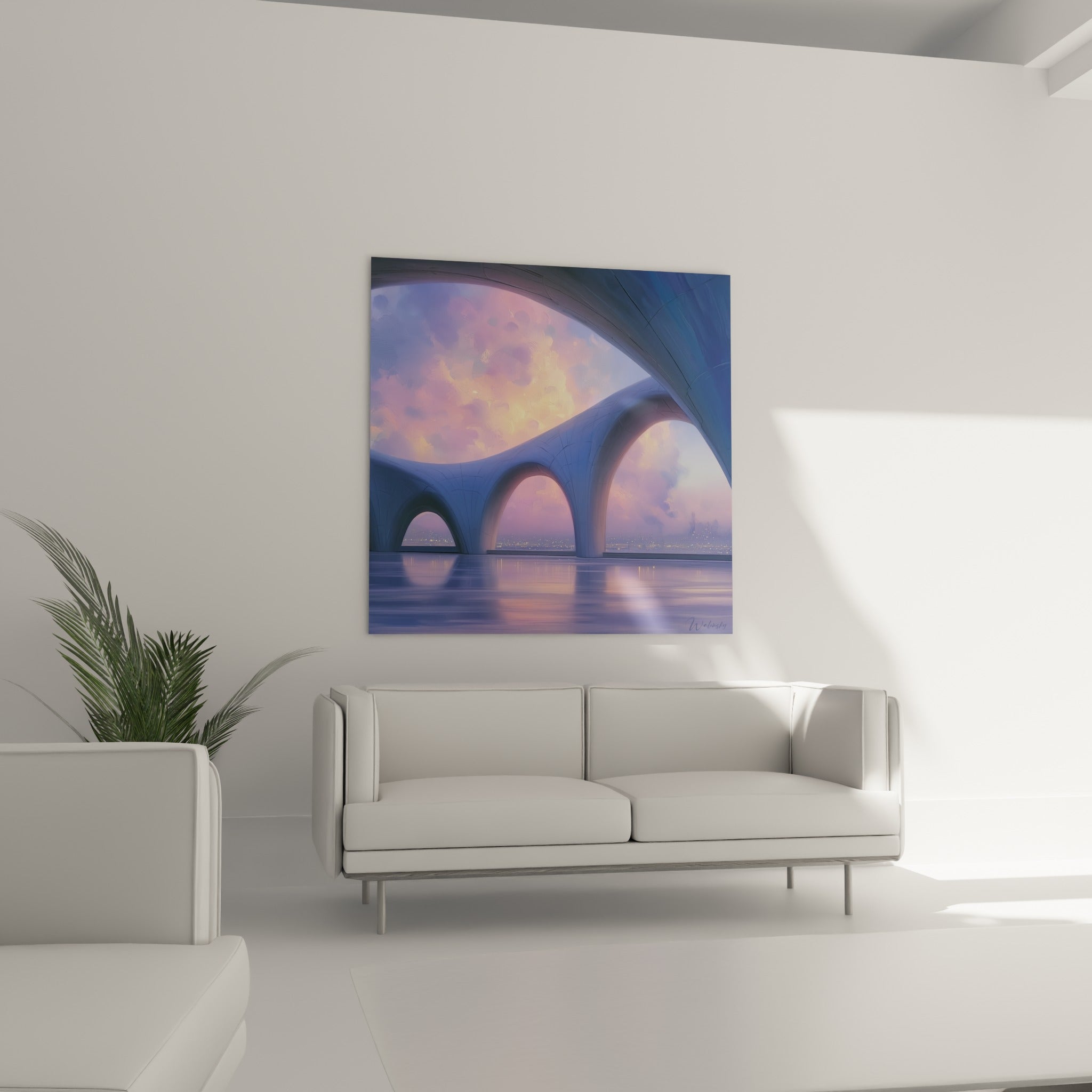 Structure architecture abstrait aux courbes bleutées et ciel doré, au-dessus d'un canapé dans un salon lumineux