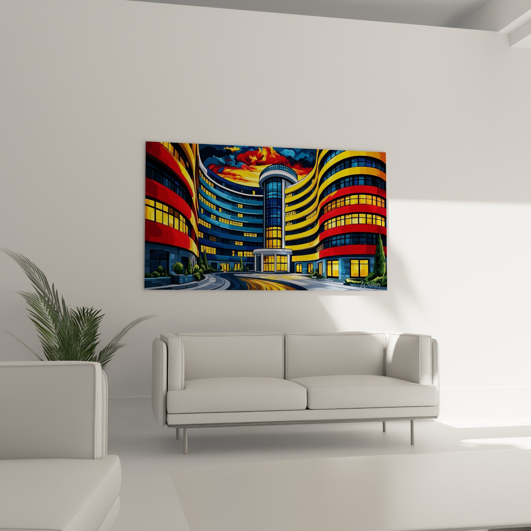 Courbes rouges et dorées d'un immeuble futuriste, tableau architecture abstrait au-dessus d'un canapé dans un salon lumineux