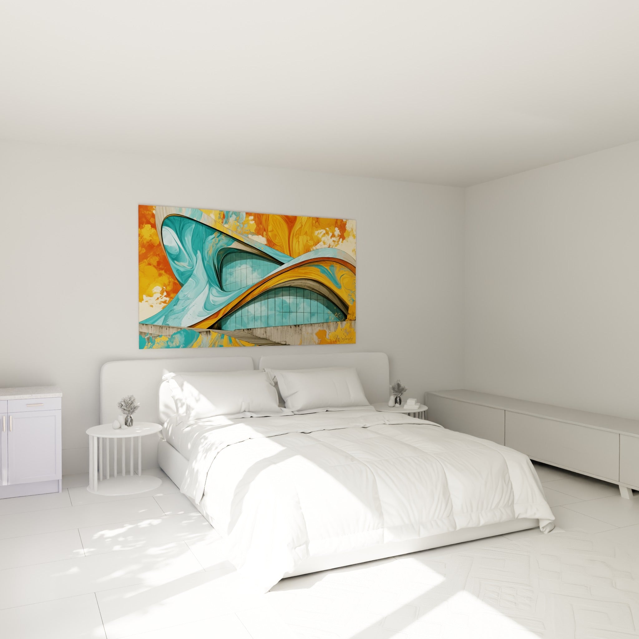 Structure courbe turquoise et orange vif, tableau architecture abstrait au-dessus d'un lit dans une chambre claire