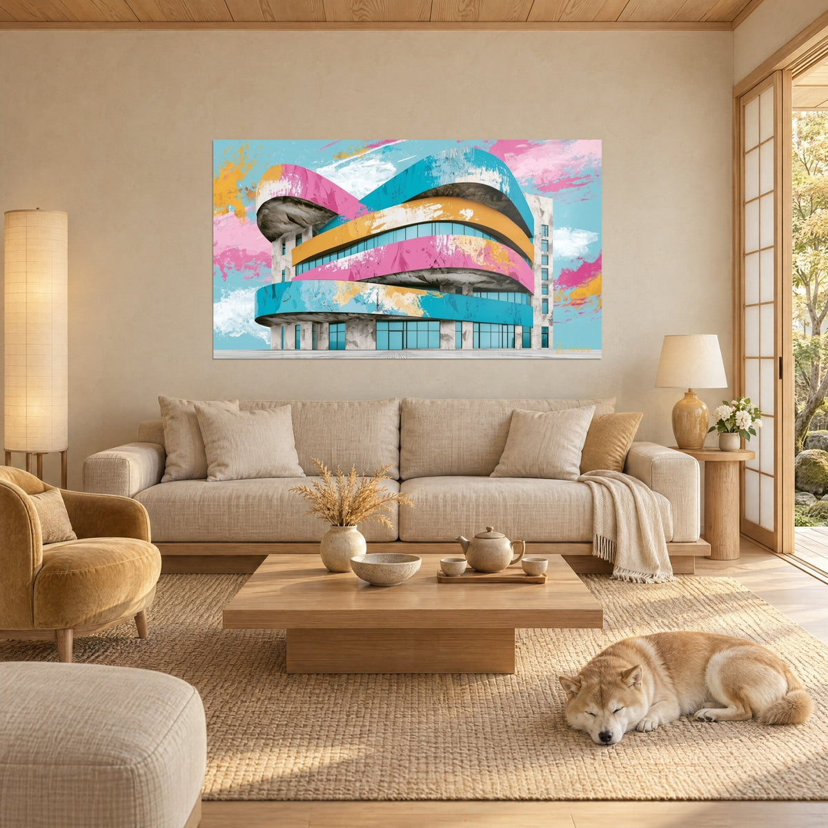 Tableau immeuble aux rubans courbes rose, turquoise et ocre sur ciel pastel, Shiba couché dessous, au-dessus d'un canapé dans un salon lumineux