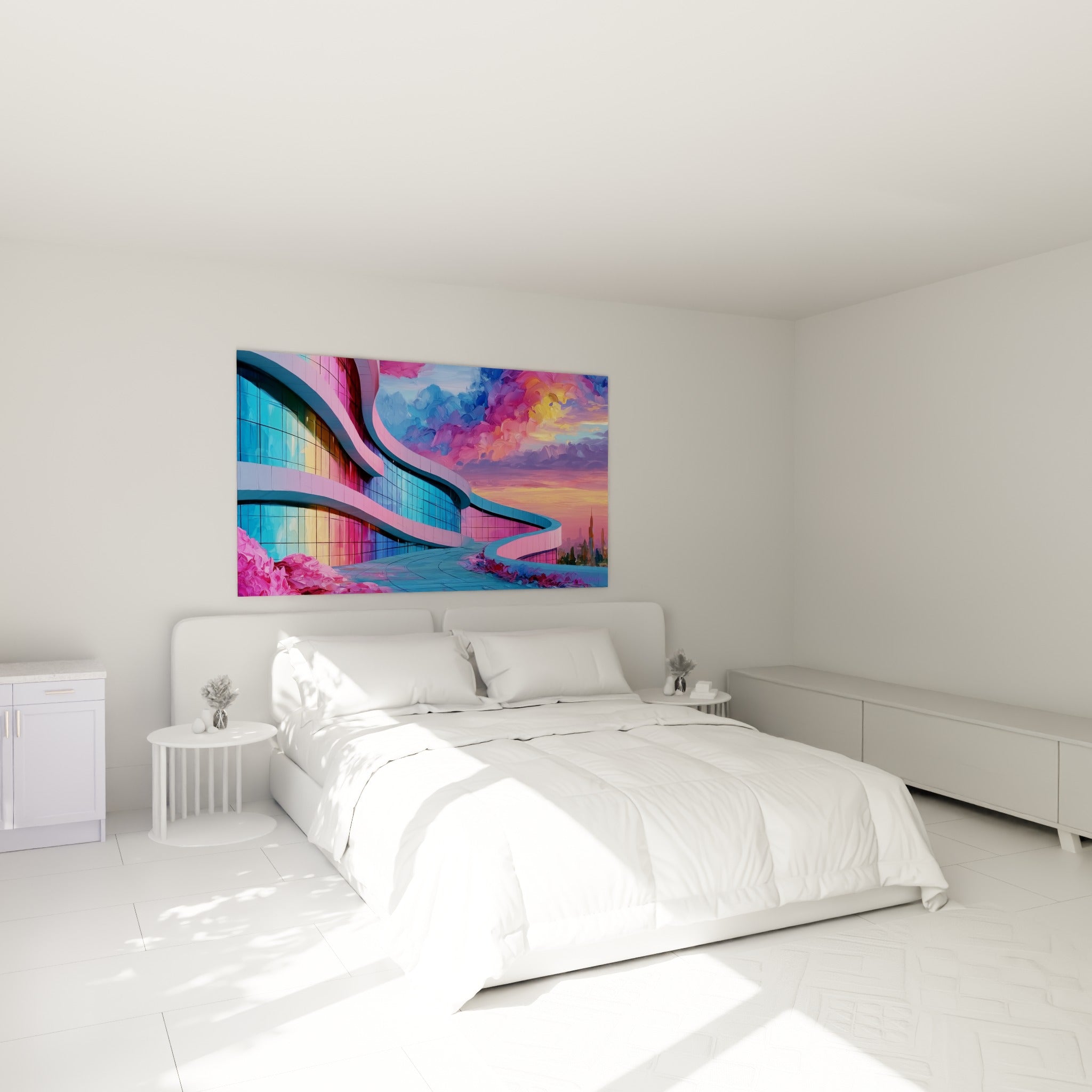 Courbes architecturales roses et bleu ciel, tableau architecture abstrait au-dessus d'un lit dans une chambre claire
