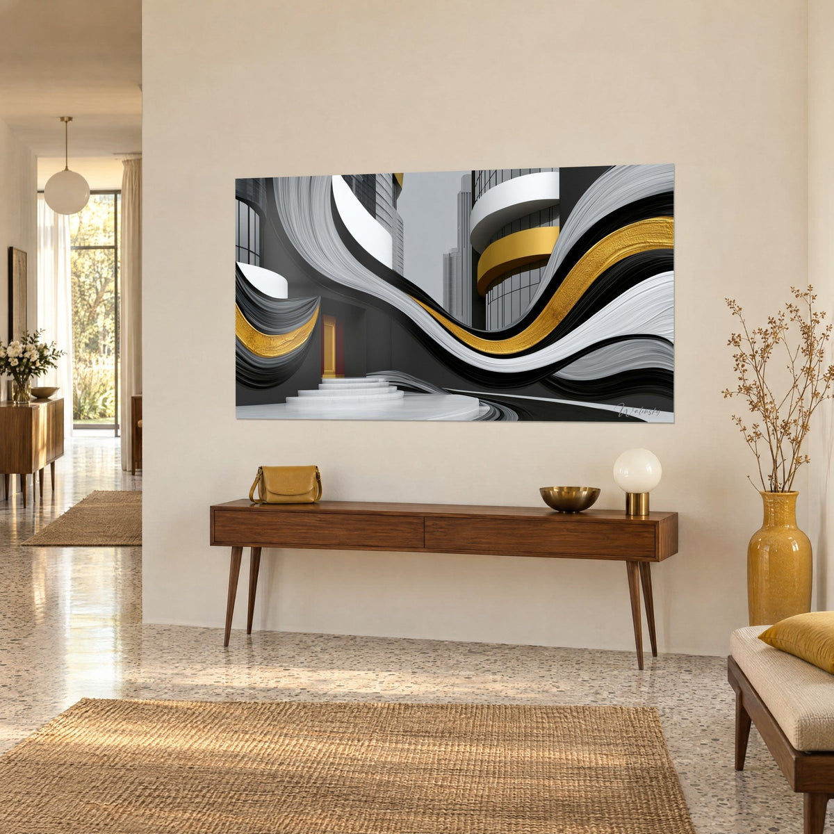Wall art with abstract architecture in grey and golden curls, white spiral staircase, wooden console, three-quarter view, in a bright hallway