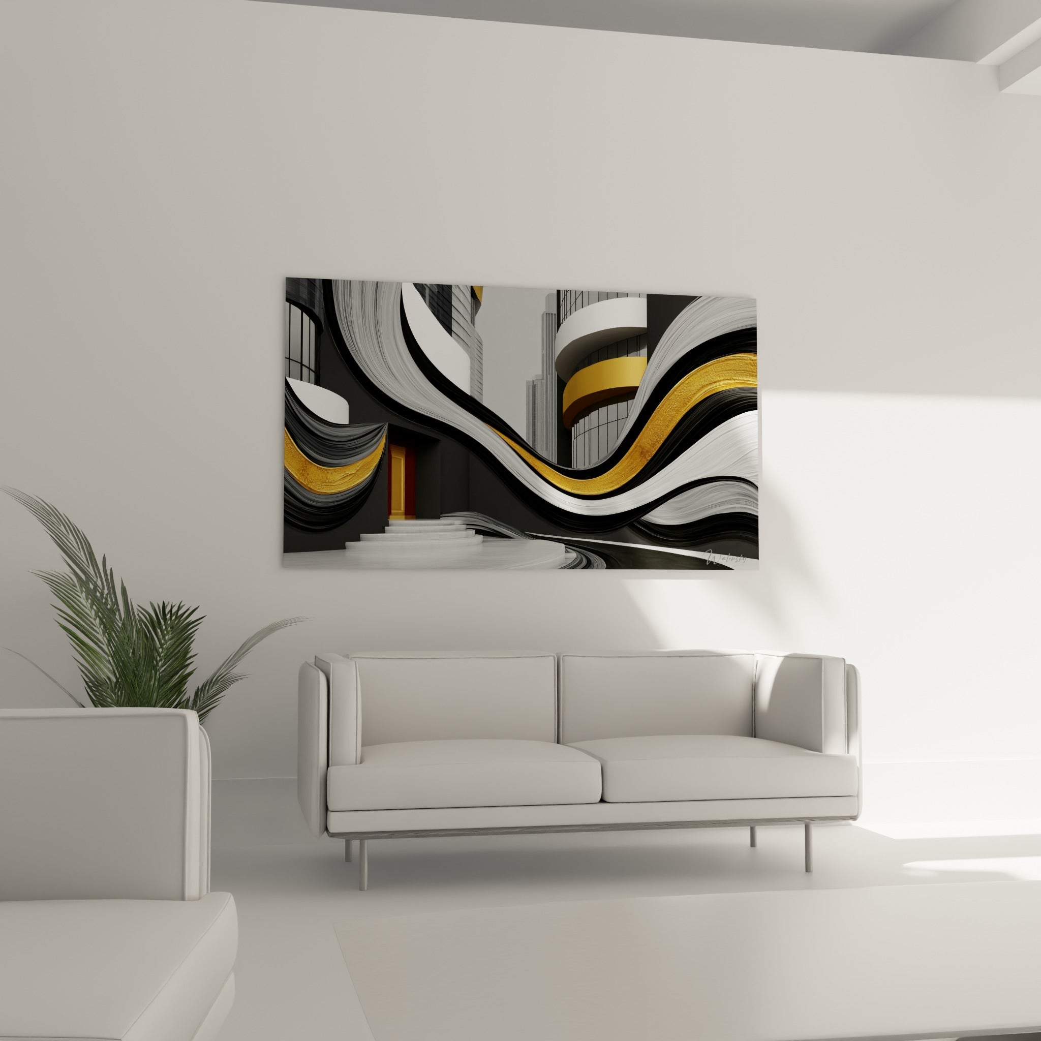 Courbes métalliques grises et dorées d'architecture abstrait au-dessus d'un canapé dans un salon lumineux