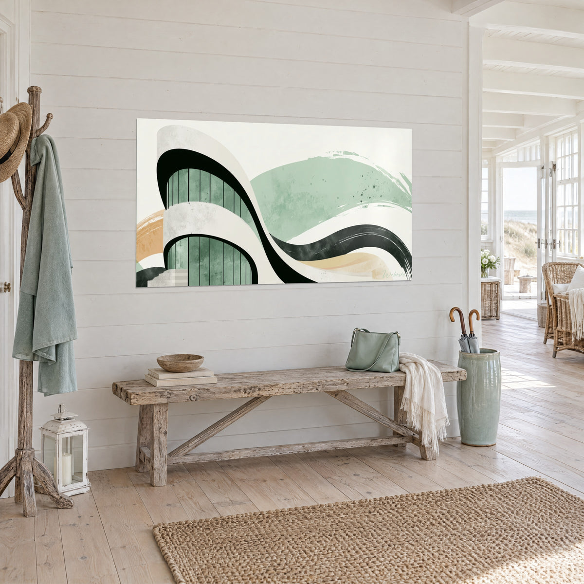 Quadro edificio ondulato in nastro crema e nero, campiture salvia e ocra pallida, su parete di doghe bianche sul mare