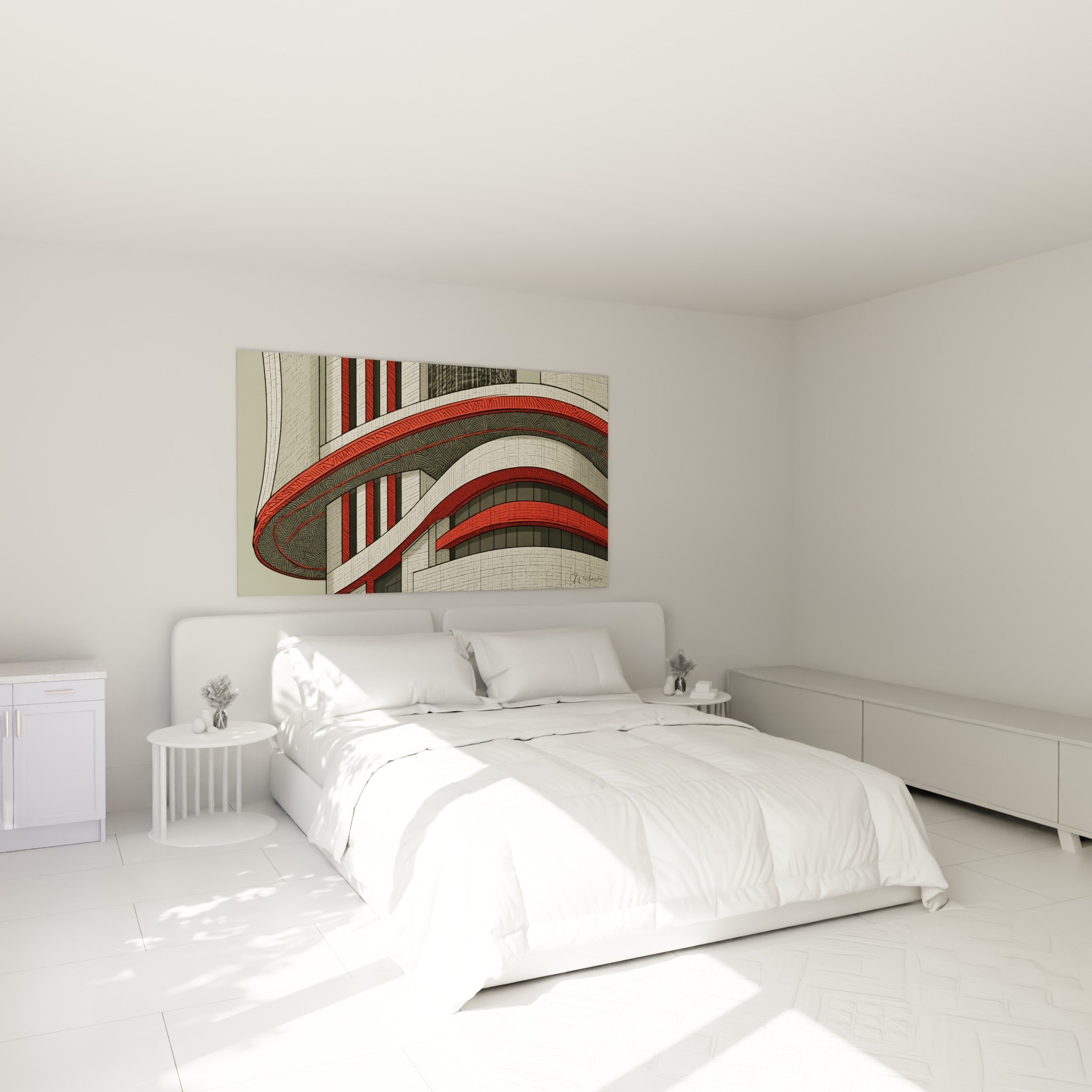 Courbes rouges et beige de cette architecture abstraite accrochées au-dessus d'un lit dans une chambre claire