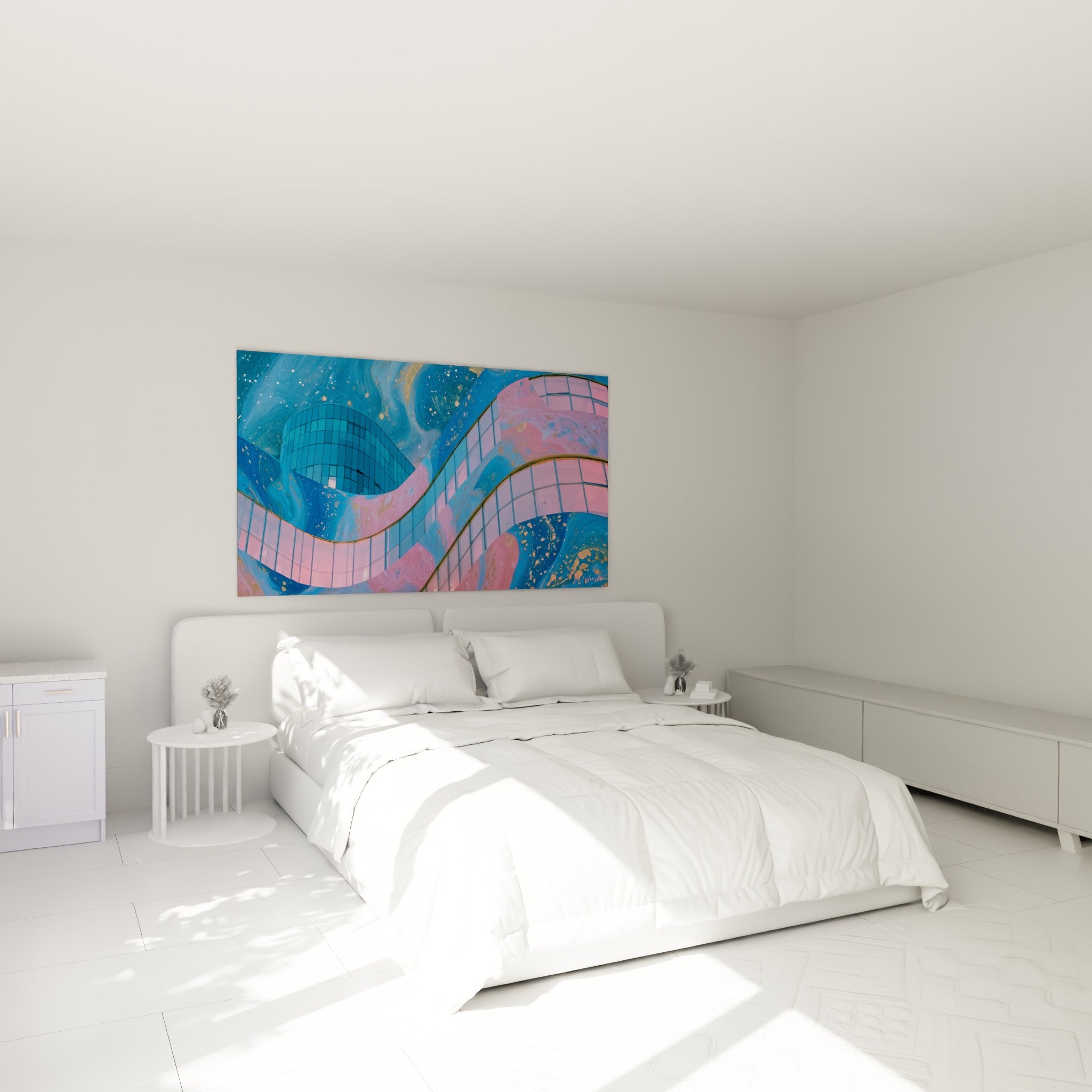 Courbes vitrées bleu et rose pastel du tableau architecture abstraite au-dessus d'un lit dans une chambre claire