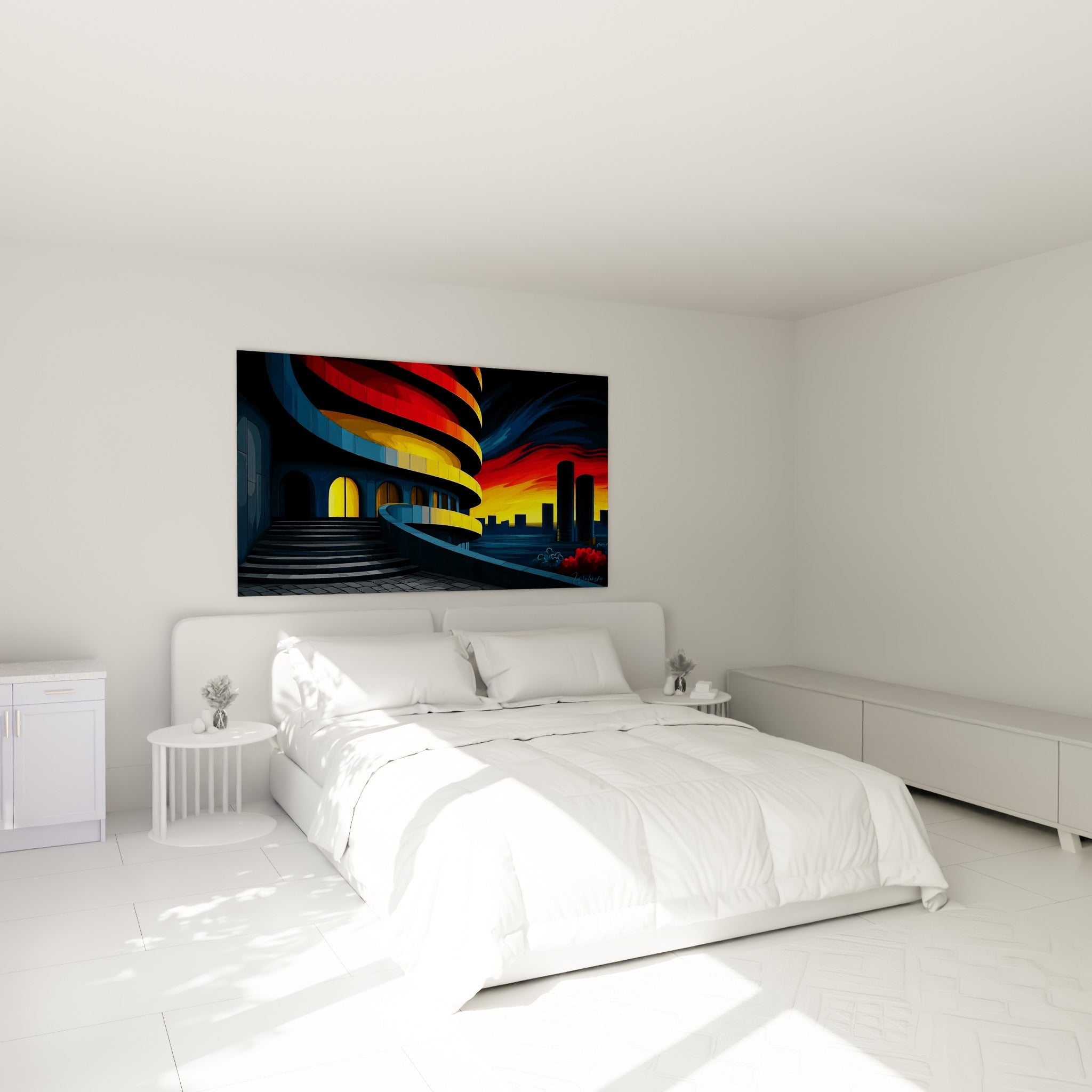 Spirale architecturale rouge et dorée illuminée, accrochée au-dessus d'un lit dans une chambre claire