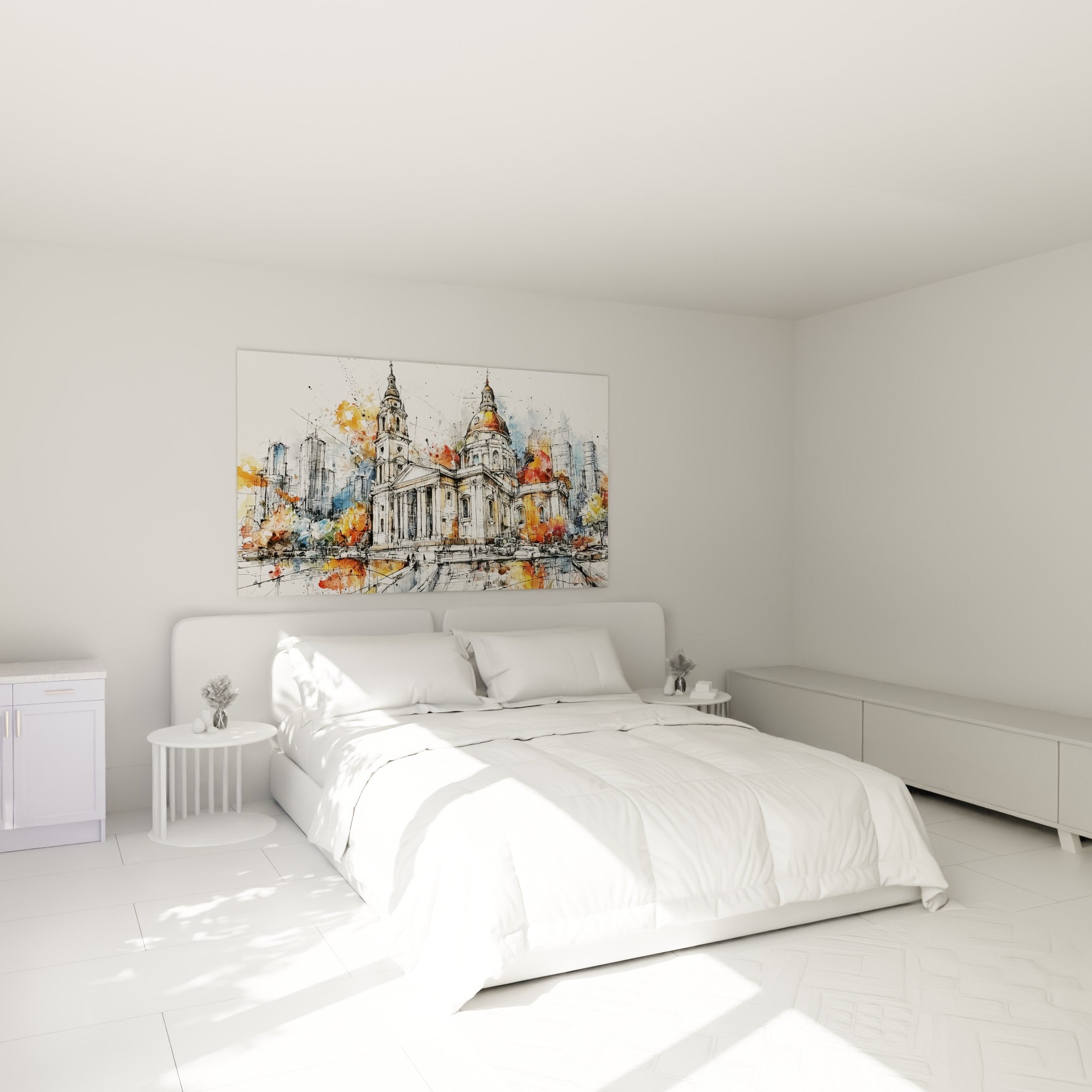 Édifice religieux esquissé en noir avec touches ocre et rouille, au-dessus d'un lit dans une chambre claire