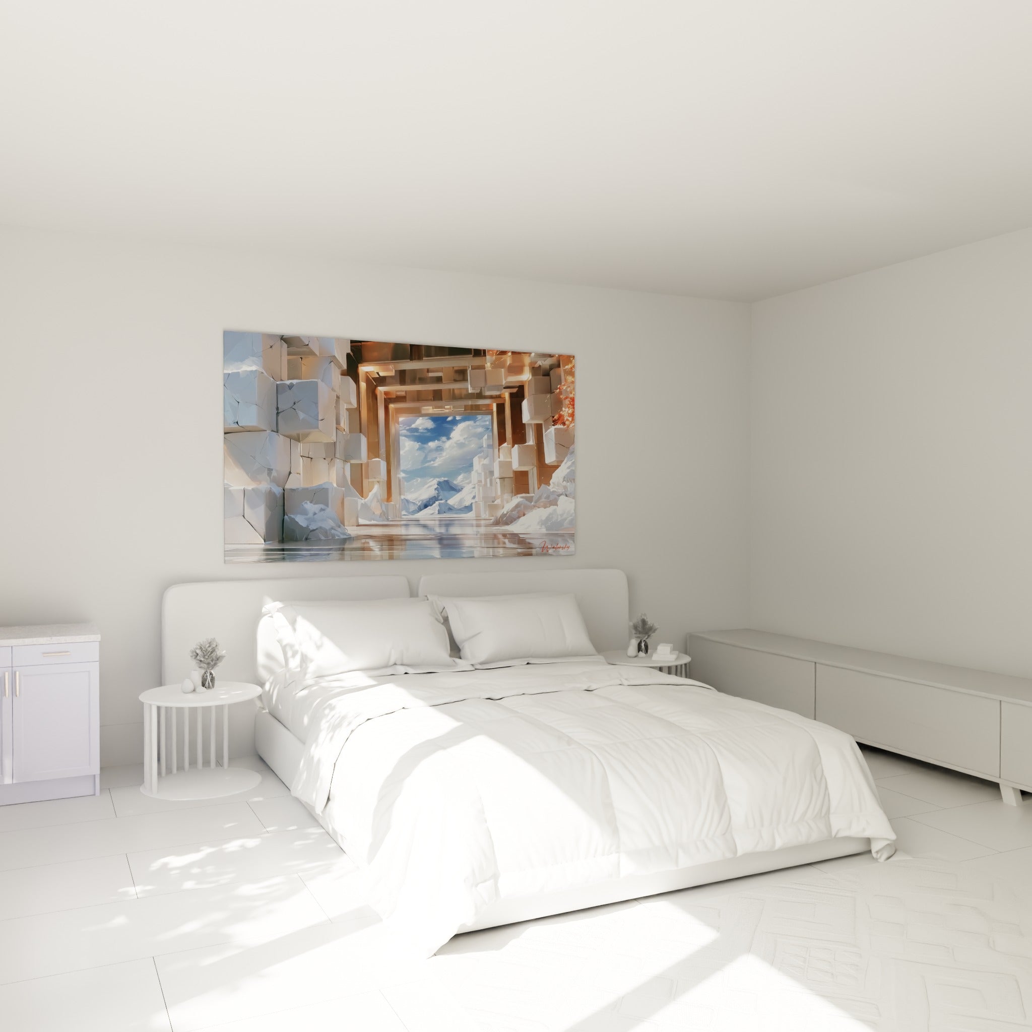 Cubes fracturés blancs et reflets cuivrés au-dessus d'un lit dans une chambre claire