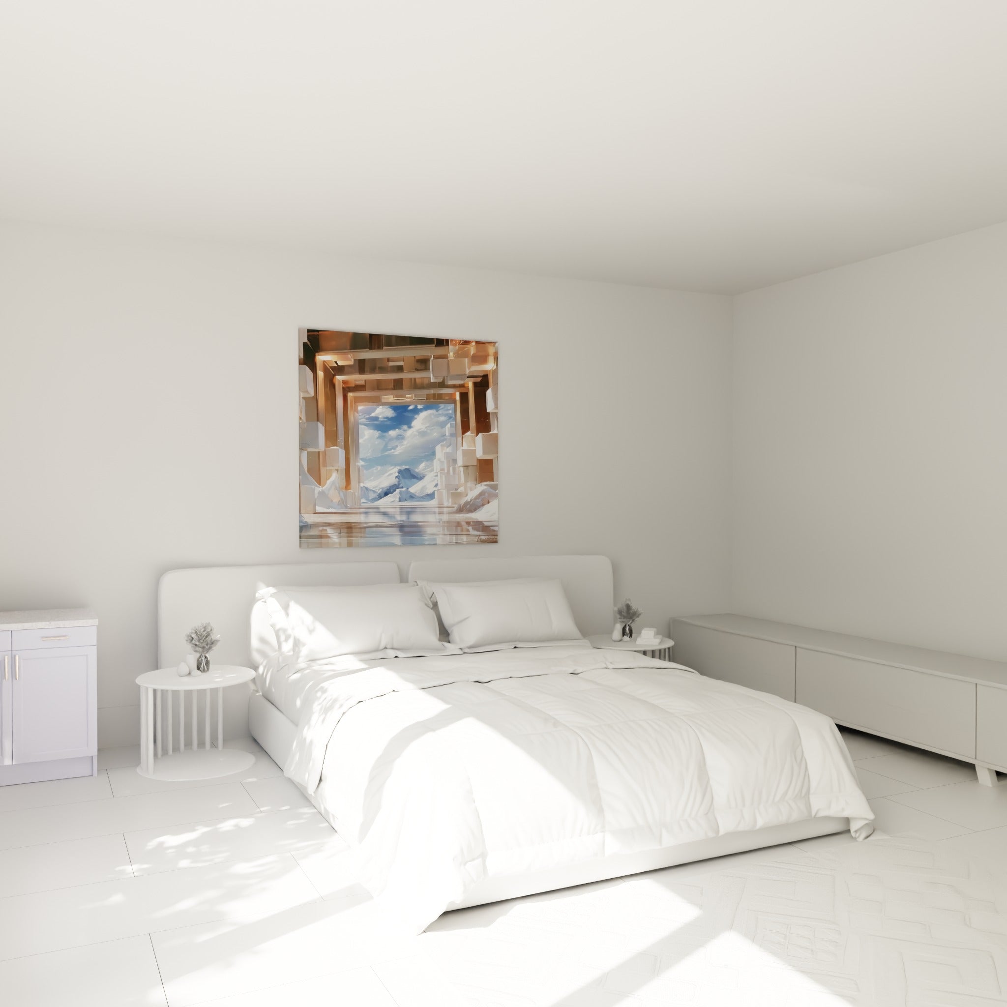 Cubes blancs et reflets cuivrés encadrant des sommets enneigés, au-dessus d'un lit dans une chambre claire