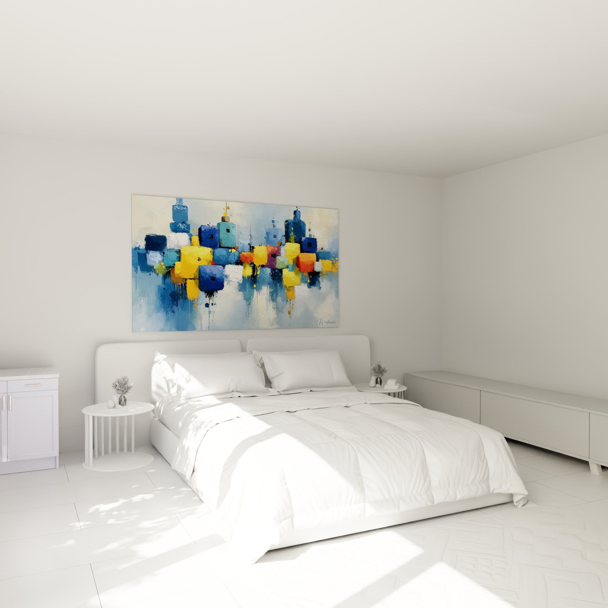Cubes bleus et orangés composant une ville imaginaire, tableau architecture abstrait au-dessus d'un lit dans une chambre claire