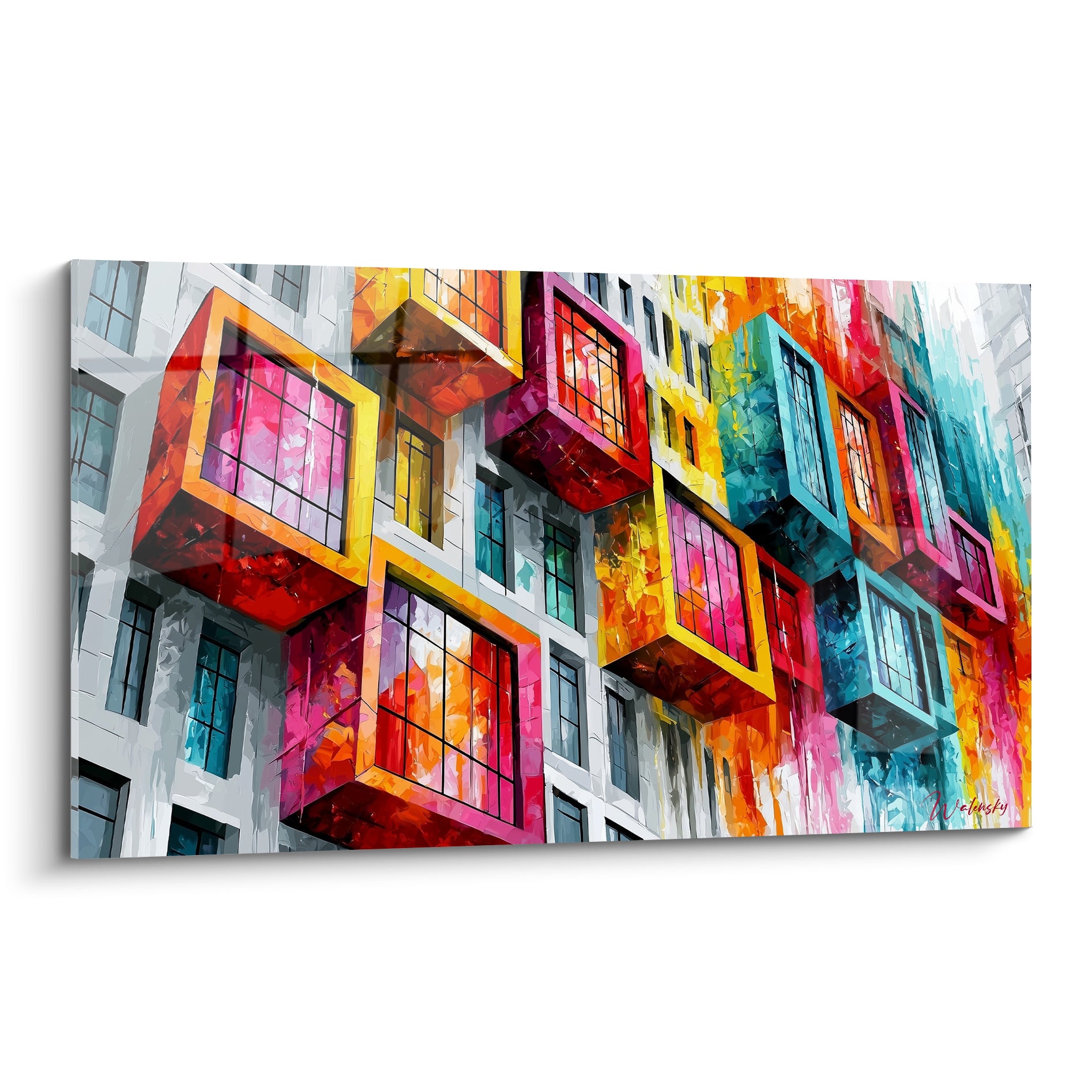 Architecture abstraite aux cubes turquoise et fuchsia se détachant d'une façade grise texturée
