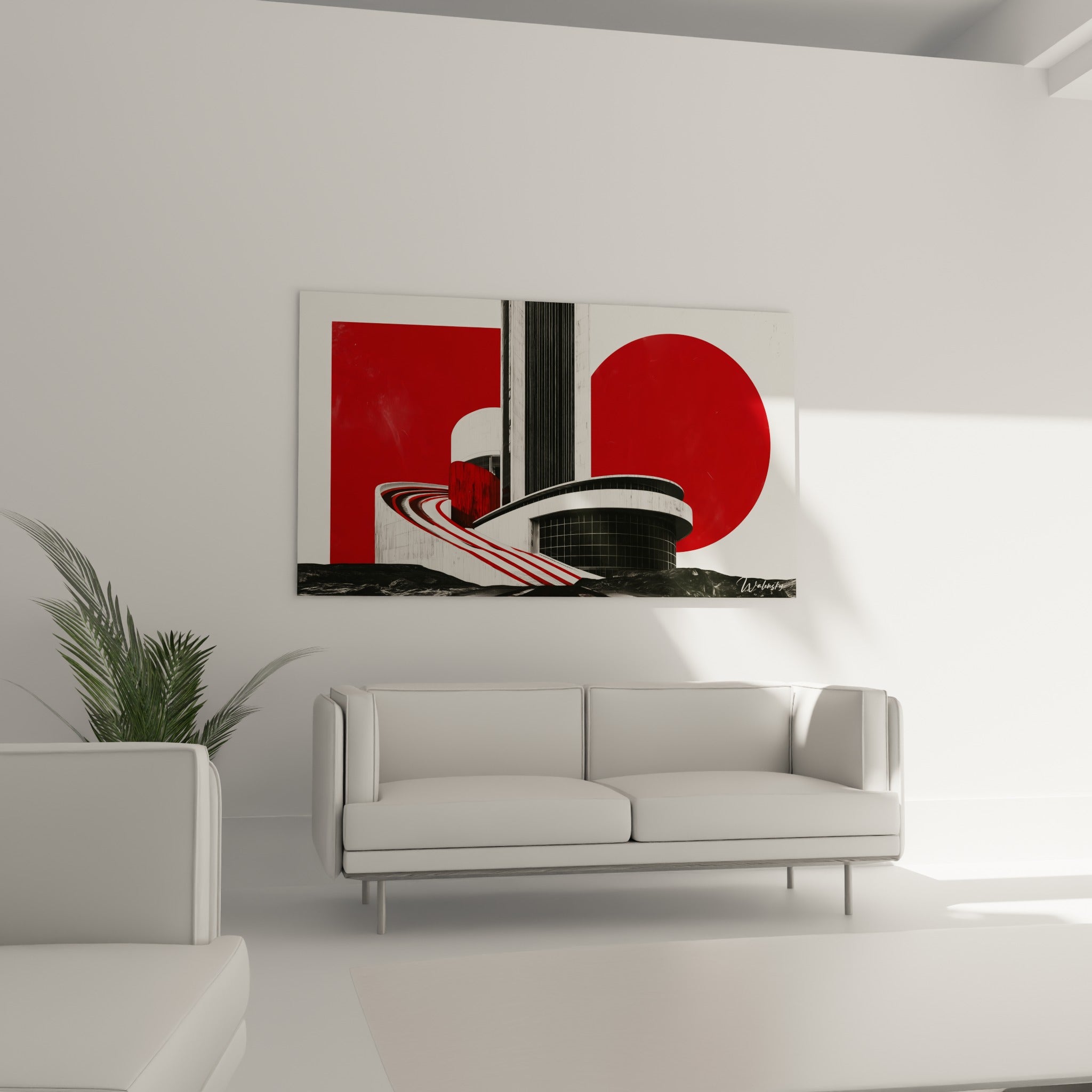 Volumes cylindriques rouge vif et blanc du tableau architecture abstrait, au-dessus d'un canapé dans un salon lumineux