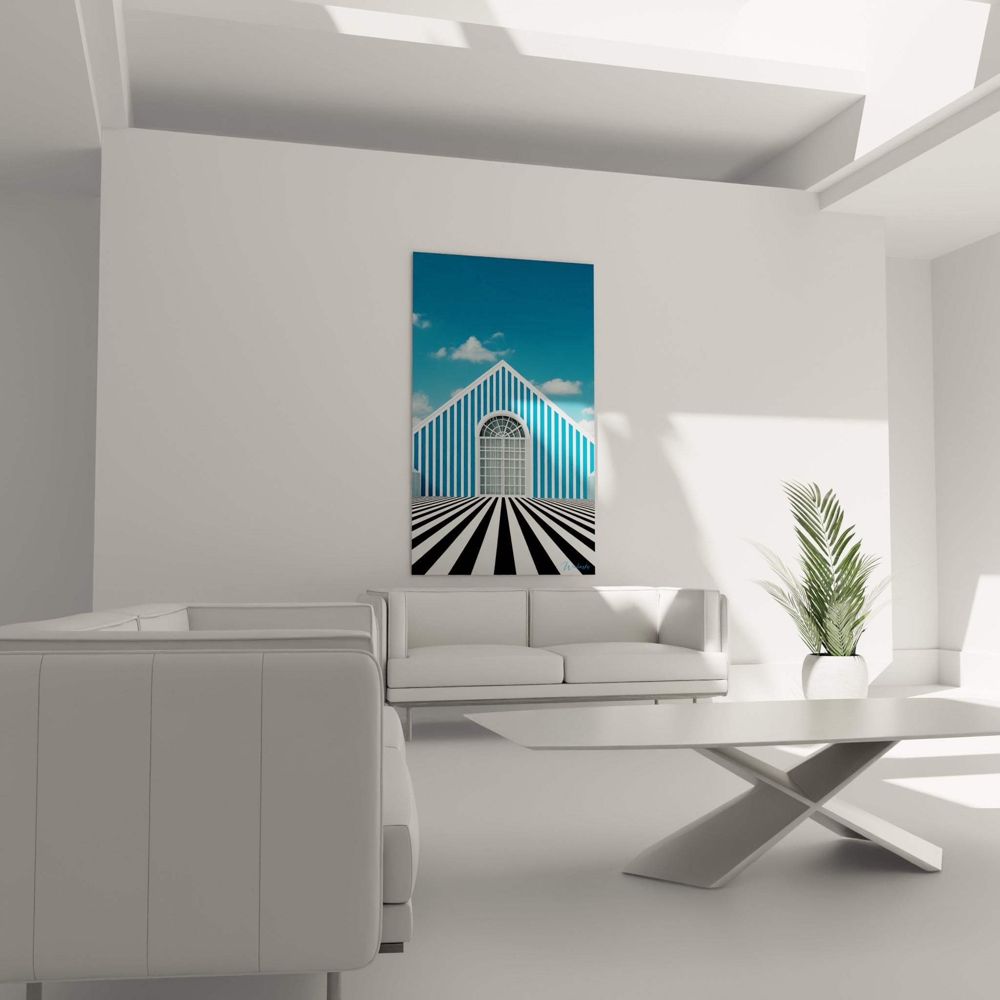 Porte cintrée blanche et façade bleue de ce tableau architectural au-dessus d'un canapé dans un salon lumineux