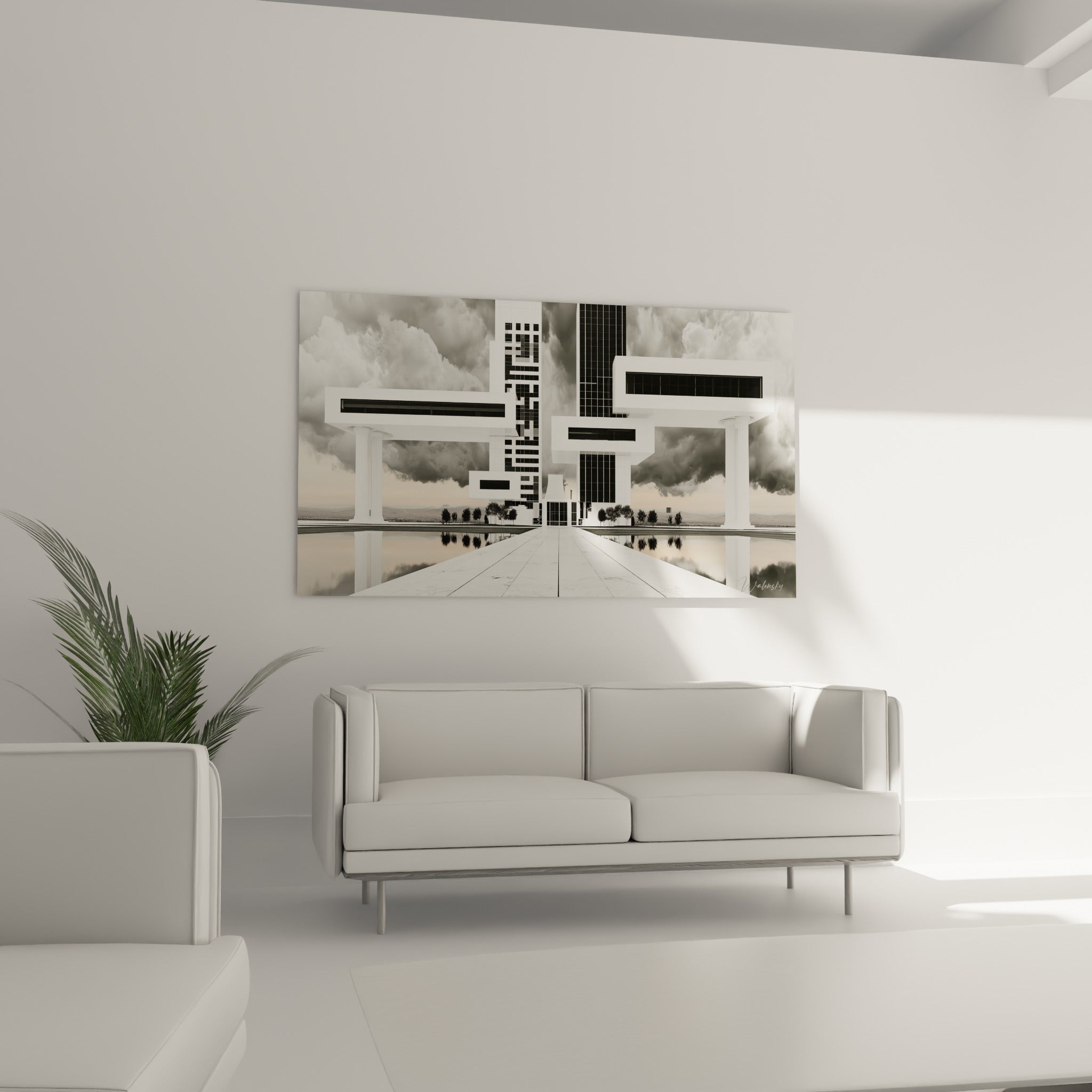 Architecture monumentale en damier noir et blanc sous nuages sculptés, au-dessus d'un canapé dans un salon lumineux