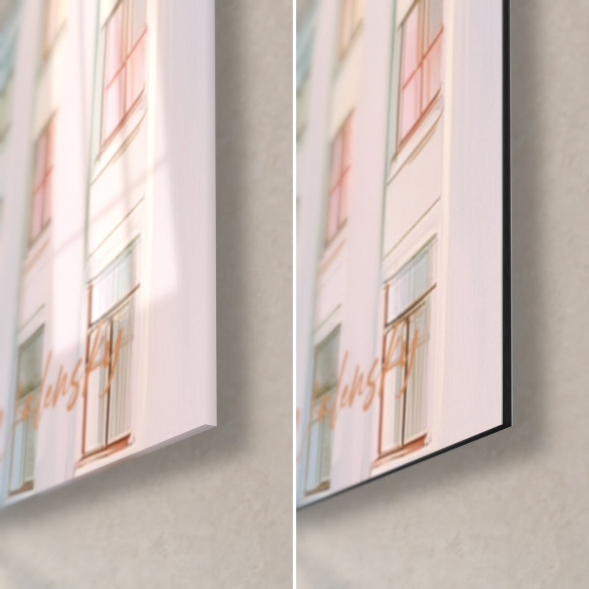 Quadro edifici di vetro in rosa e blu, angolo in basso a destra: acrilico lucido a sinistra, Dibond bianco opaco a destra, spessore 3 mm