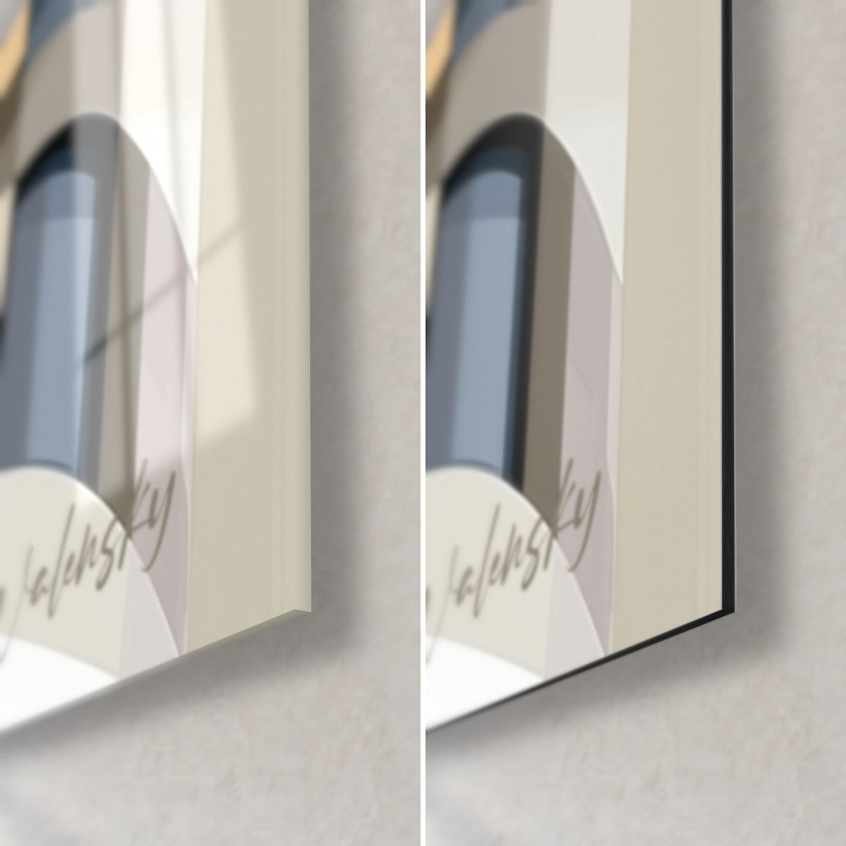 Tableau immeuble en volutes beige et brun, coin bas droit en verre brillant et alu Dibond mat, tranche de 3 mm visible