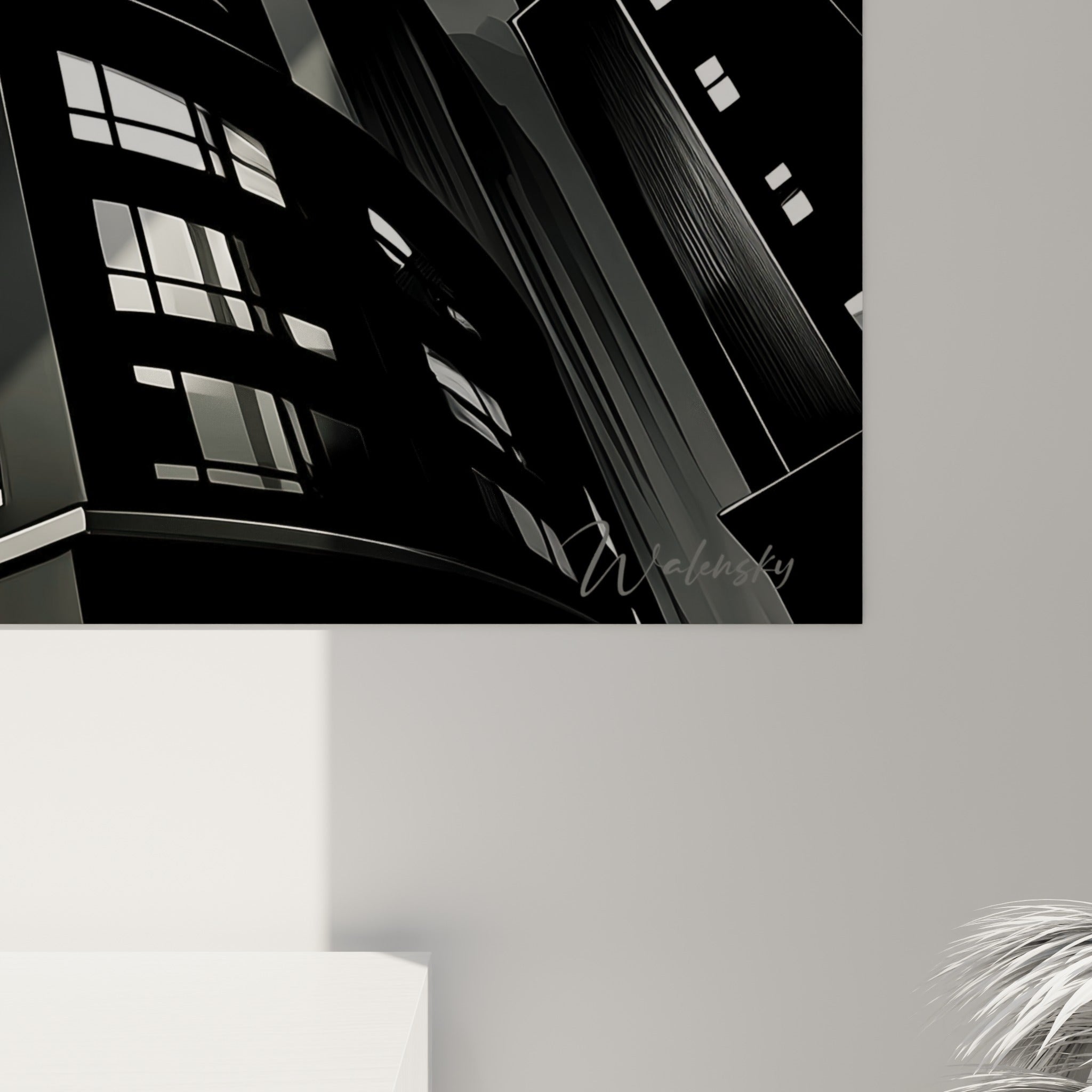 Détail des façades vitrées anthracite et blanches du gratte-ciel, grain de l'impression et contrastes marqués visibles