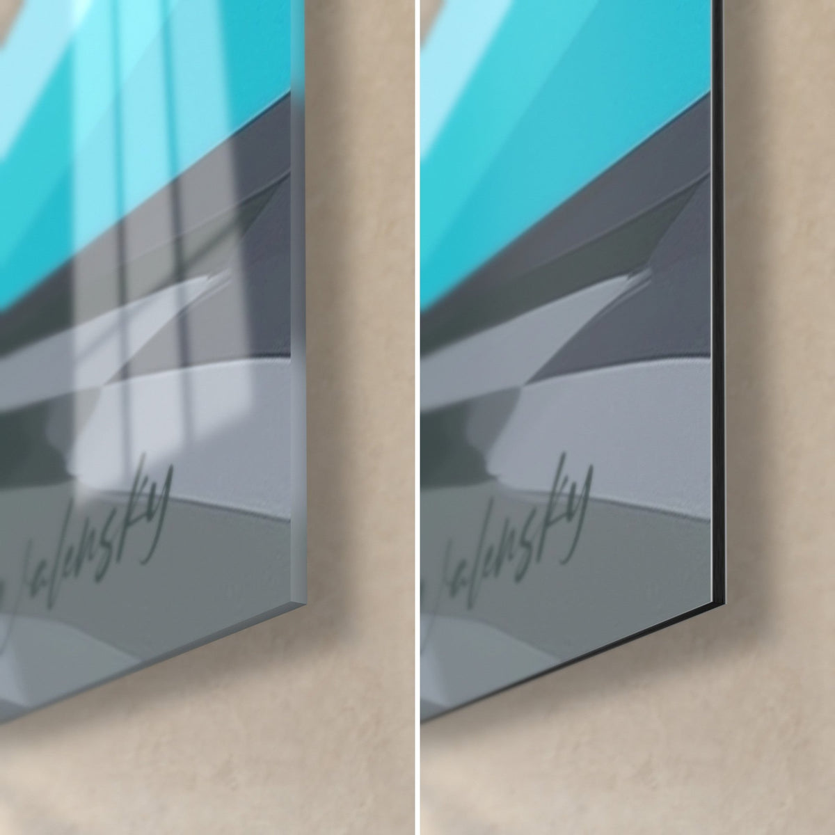 Gemälde abstrakte Treppe in Rotorange und Türkis, rechts unten: glänzendes Glas links, mattes Dibond-Aluminium rechts