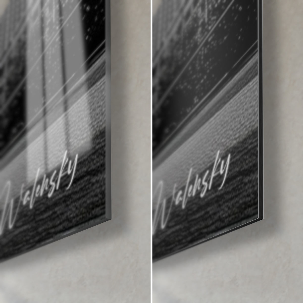 Wall art of a metropolis in black and white, lower right corner: glossy acrylic glass on the left, matte grey Dibond on the right, Walensky signature
