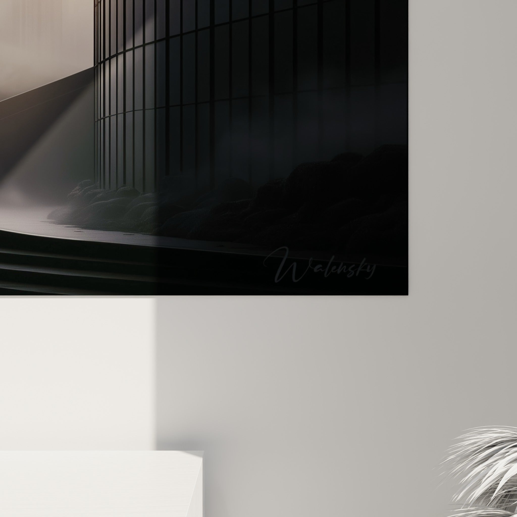 Détail des marches et vitrages anthracite laissant apparaître le grain lumineux doré de l'impression