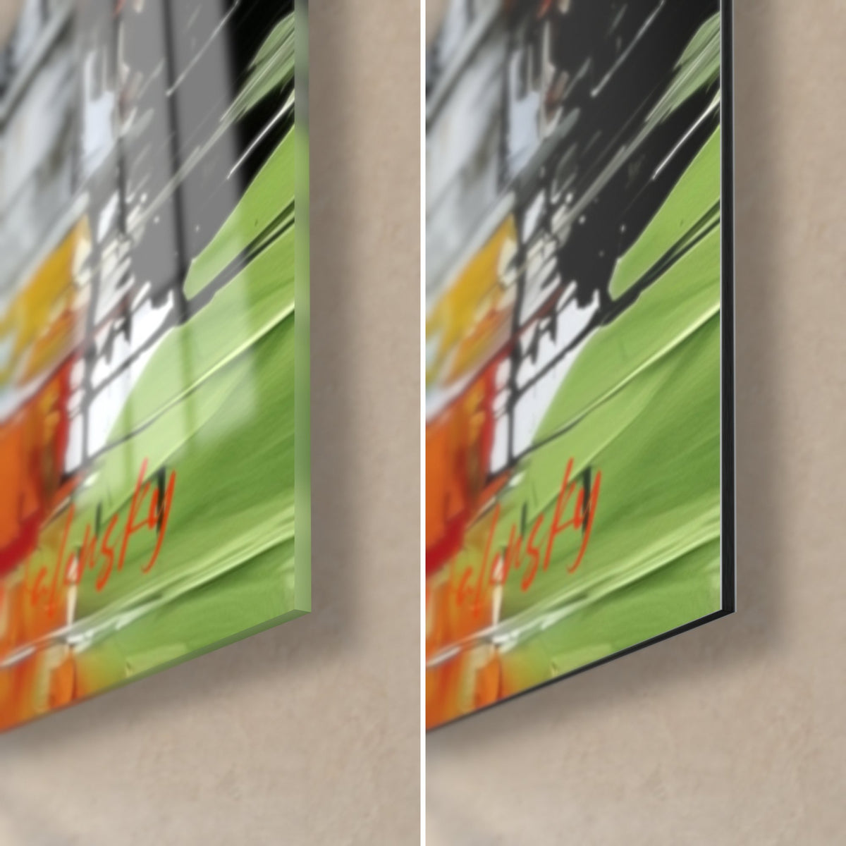 Schilderij paleis in grijs en appelgroen, rechtsonder: glanzend acrylglas met reflecties, mat zwart Dibond, zichtbare rand van 3 mm