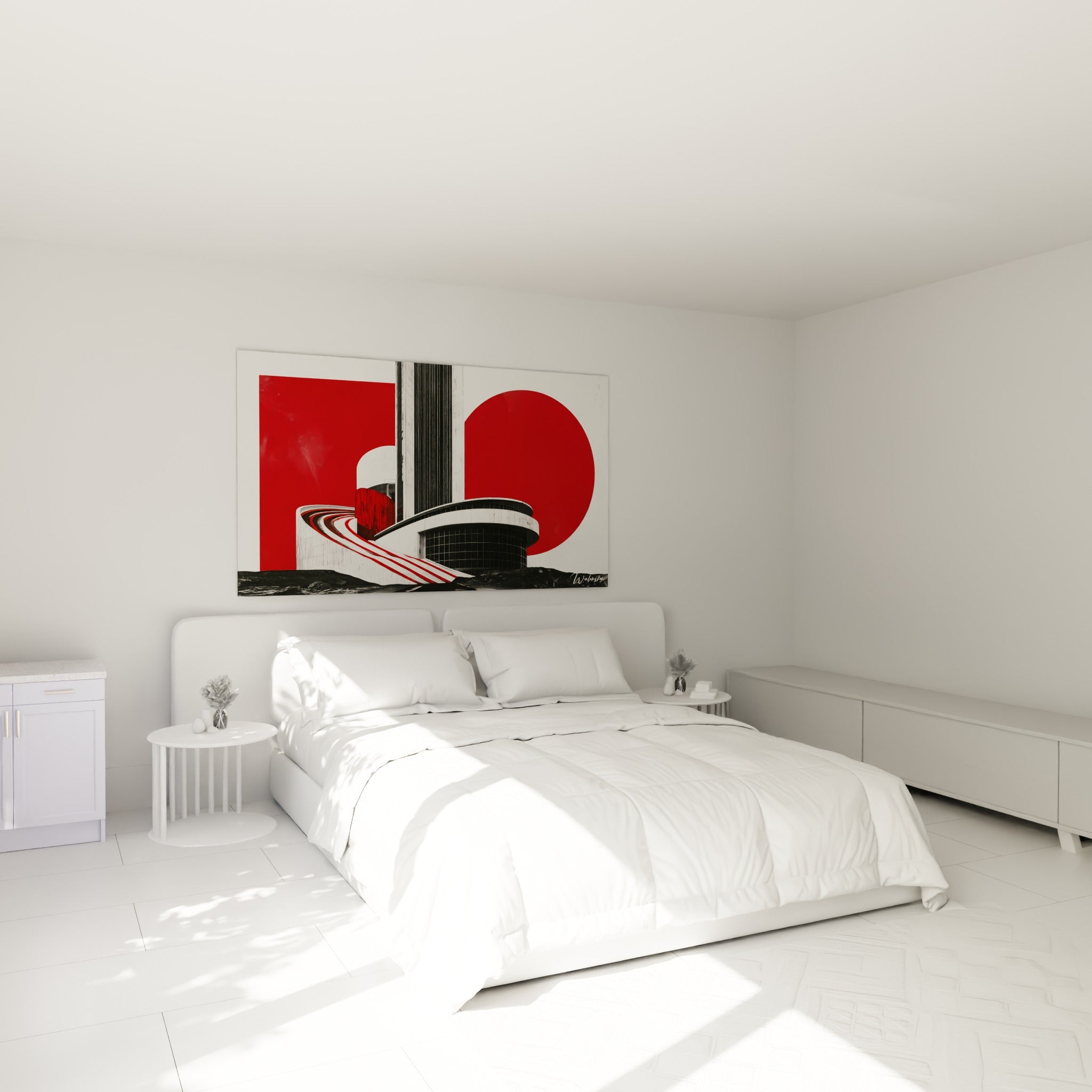 Construction futuriste rouge et blanche du tableau architecture abstrait, au-dessus d'un lit dans une chambre claire