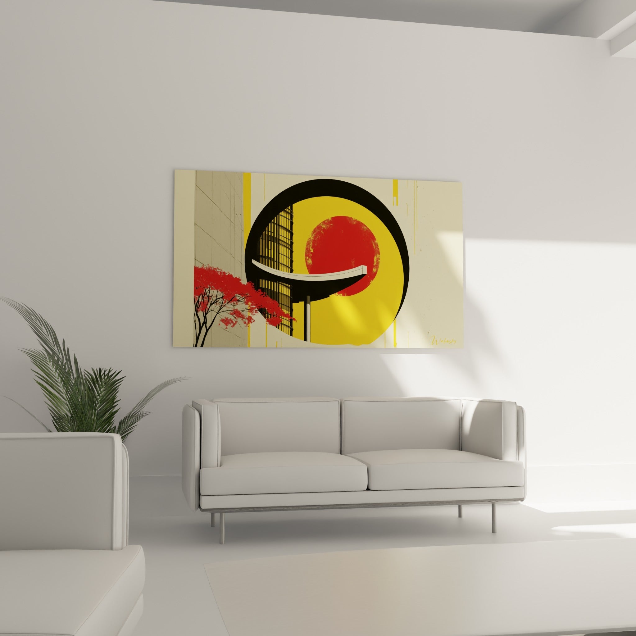 Tour graphique noire et disque solaire rouge sur fond jaune, au-dessus d'un canapé dans un salon lumineux