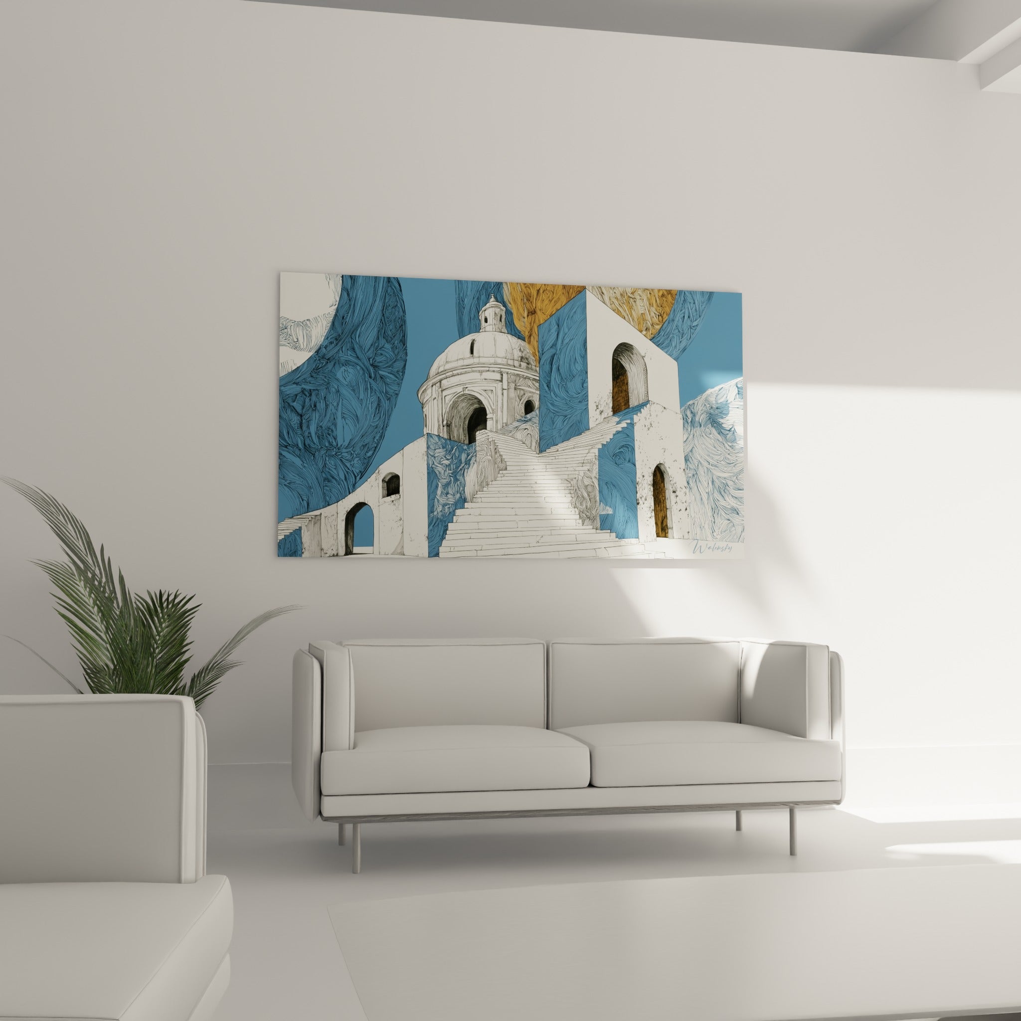 Marches blanches et disque ocre architecture abstrait au-dessus d'un canapé dans un salon lumineux