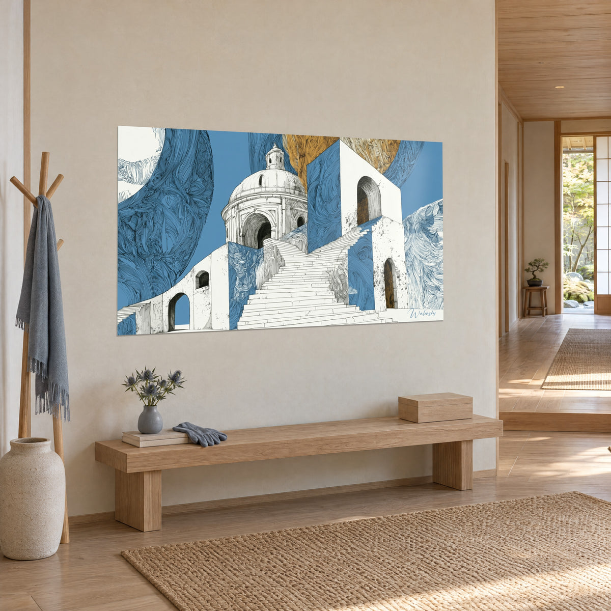 Tableau coupole baroque d'encre au sommet d'une volée de marches ivoire, aplats bleu ciel et ocre, vue de trois-quarts dans un séjour japandi