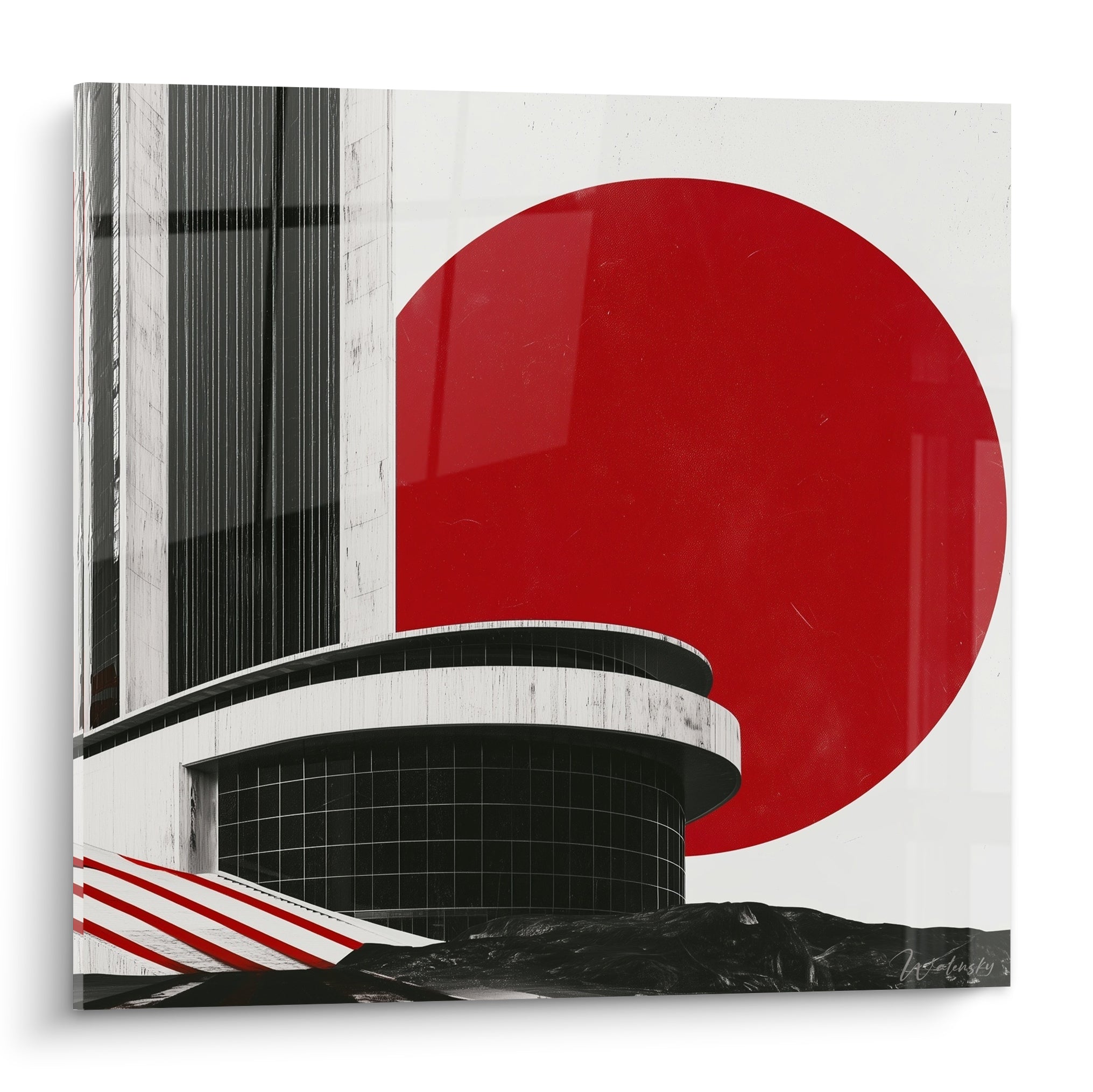 Immeuble anthracite et disque rouge : tableau architecture abstrait aux lignes courbes et bandes diagonales