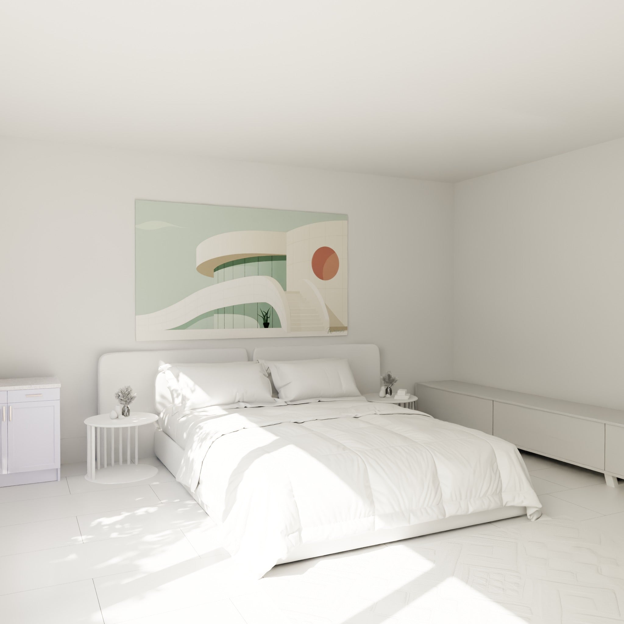 Courbes crème et vert sauge de cette architecture abstraite, accrochée au-dessus d'un lit dans une chambre claire